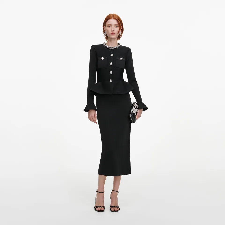 Self Portrait Black Crystal Trim Knit Midi Kleid Schwarz