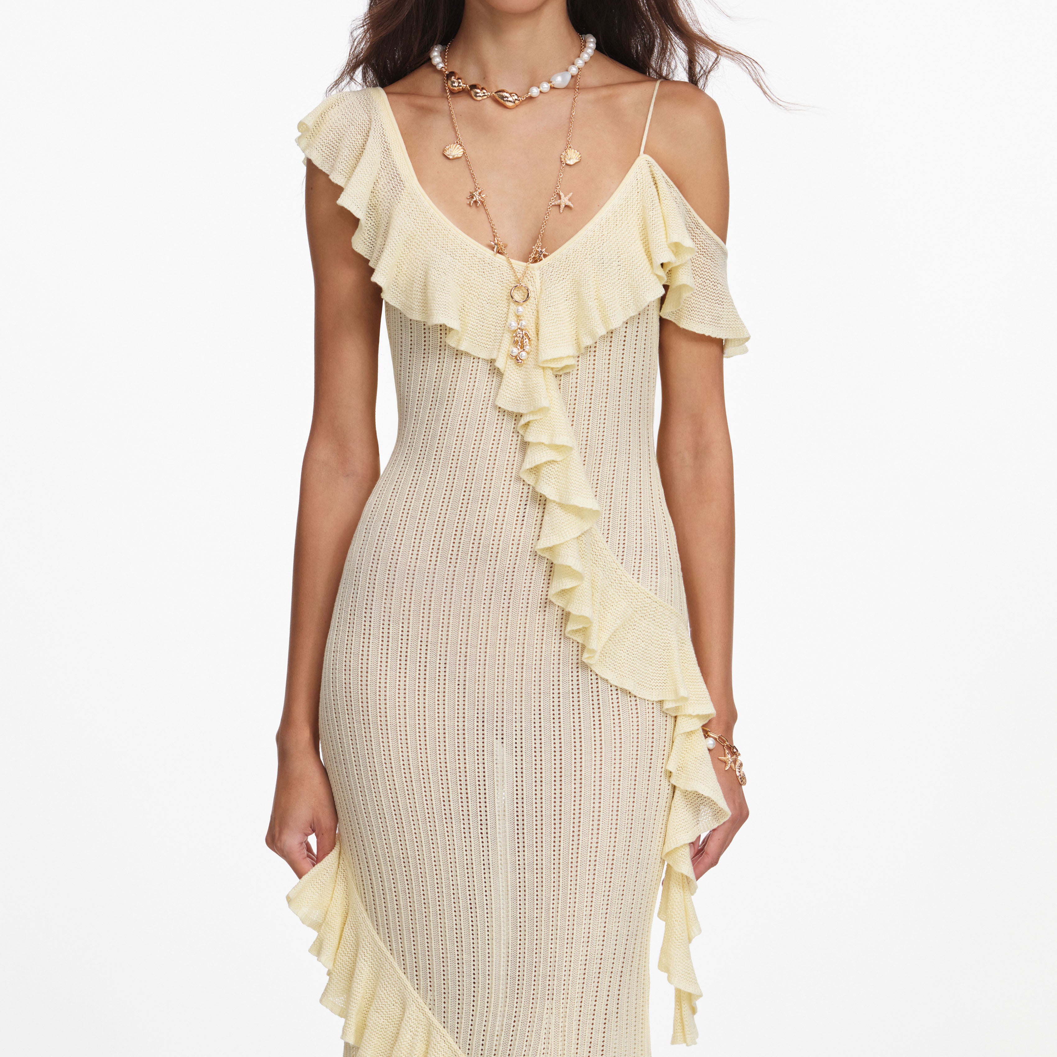 Self Portrait Yellow Ruffle Knit Maxi Dress Kleid Gelb Rückenfrei