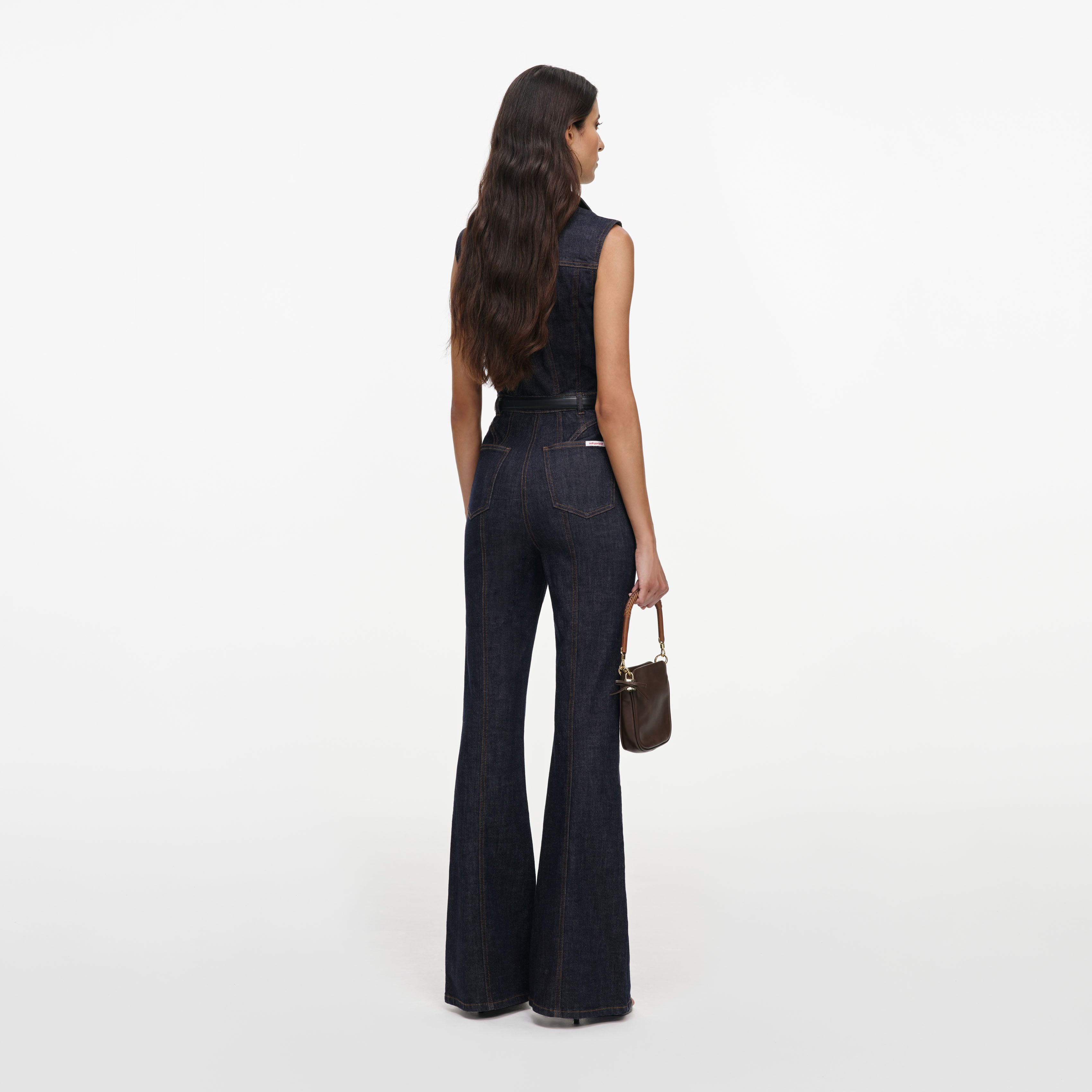 Self Portrait Denim Indigo Belted Denim Jumpsuit Overall UK 8