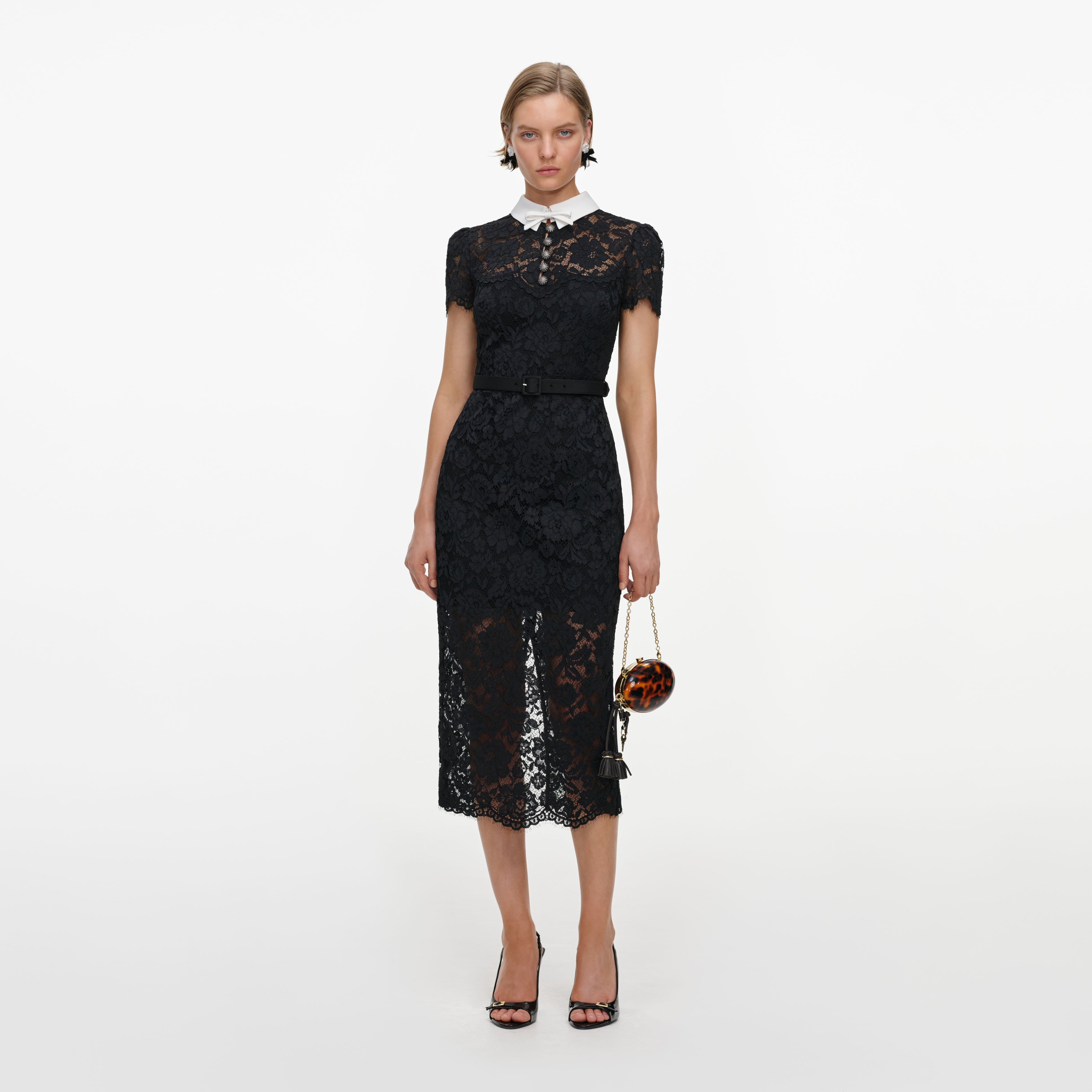 Self-Portrait Lace Contrast Collar Midi Kleid schwarz