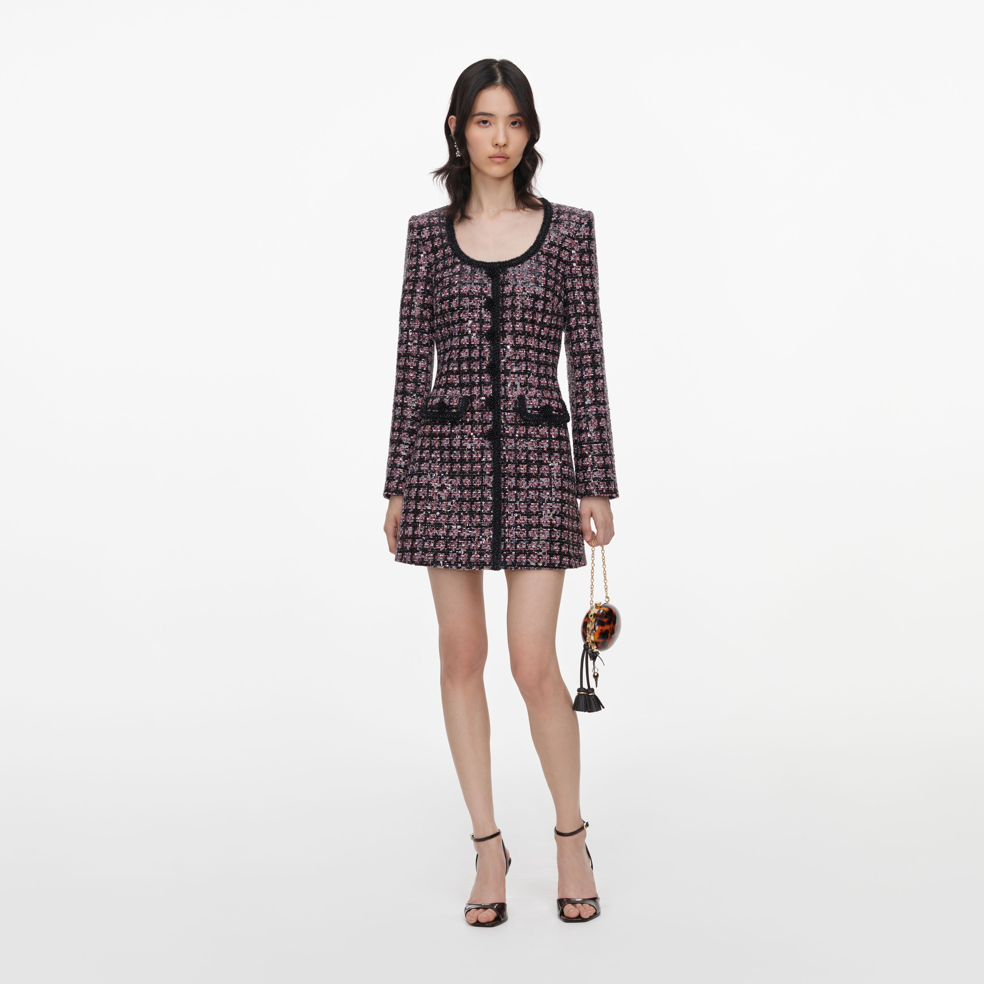 Self Portrait Sequin Boucle Minikleid Rosa Schwarz