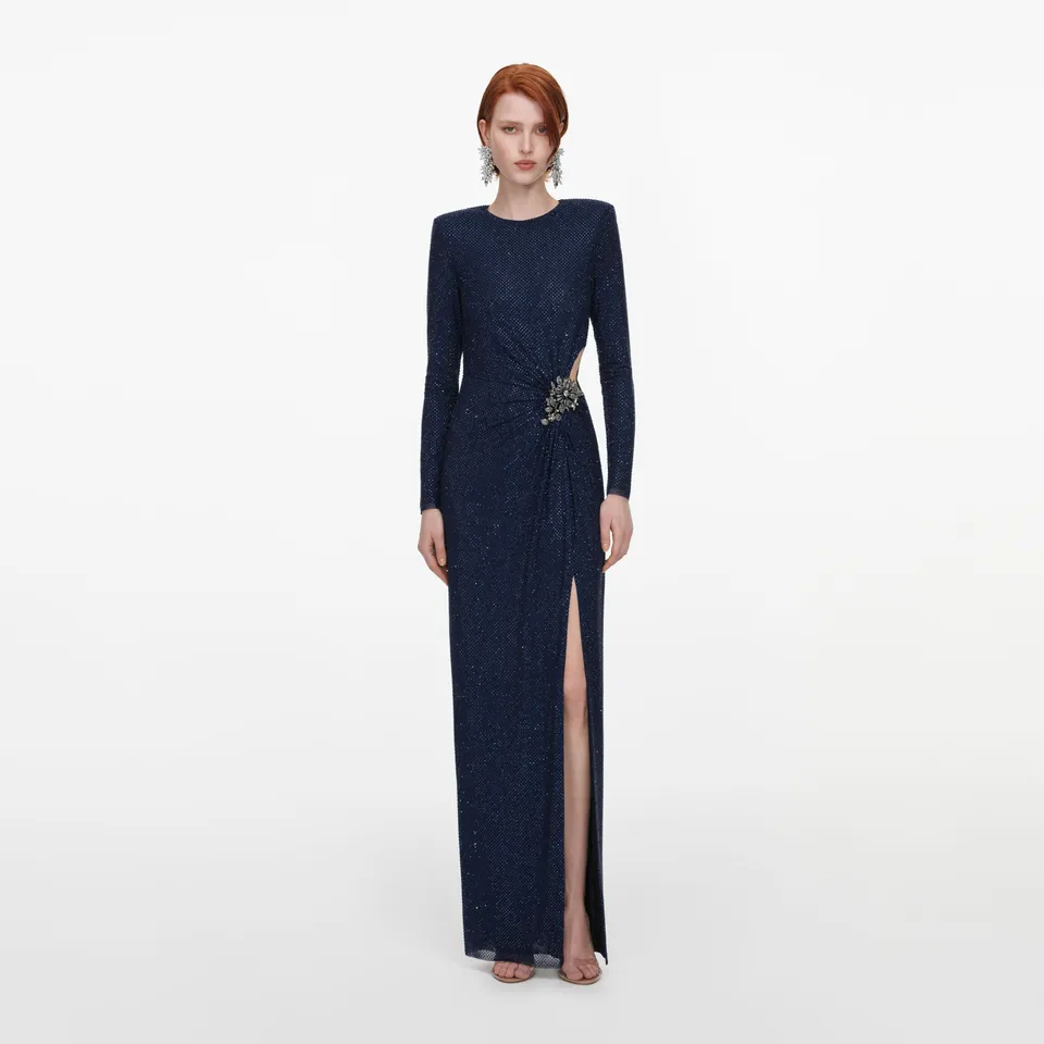 Self Portrait Navy Rhinestone Maxikleid UK 8 Strass