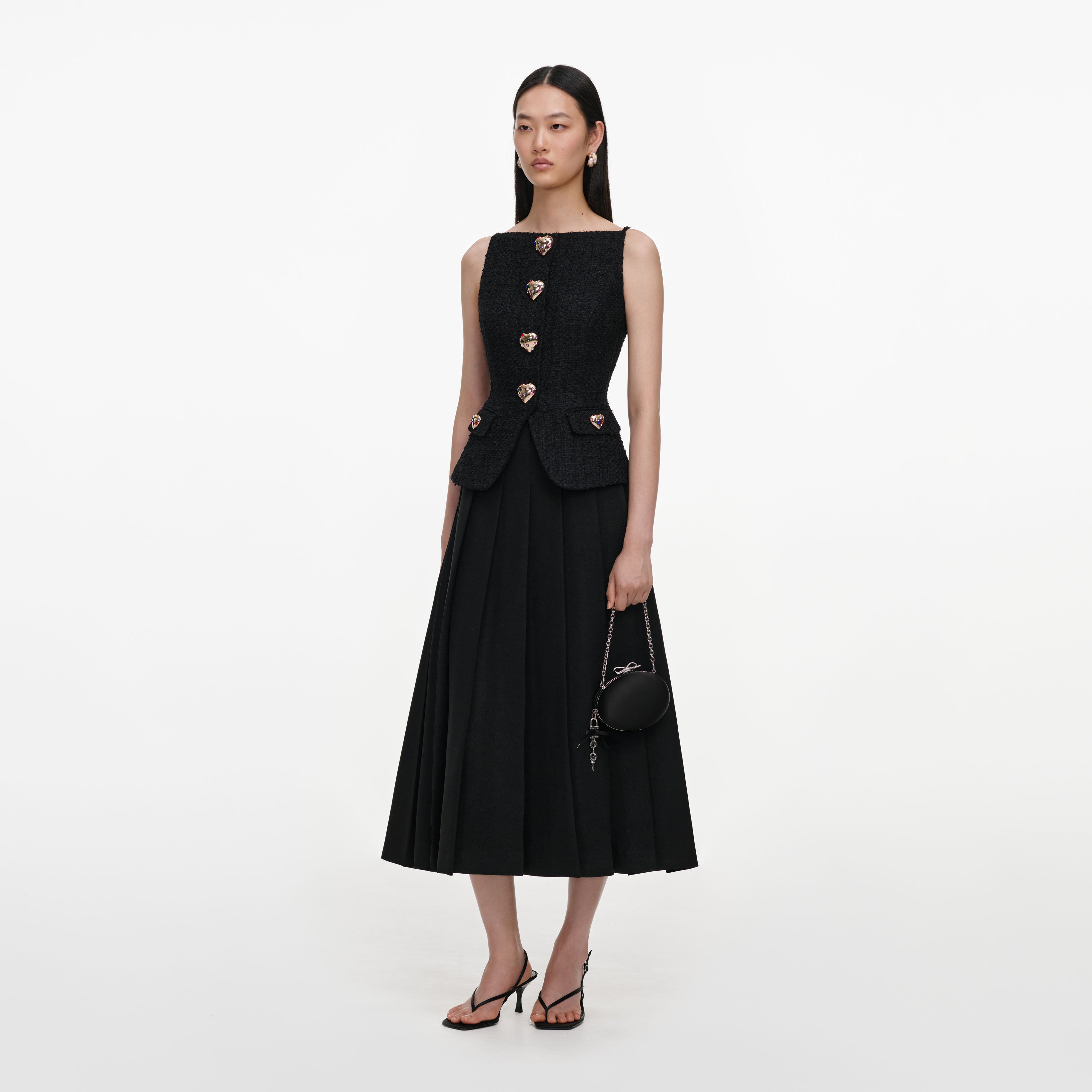 Self Portrait Black Boucle Crepe Midi Kleid Schwarz Knopf