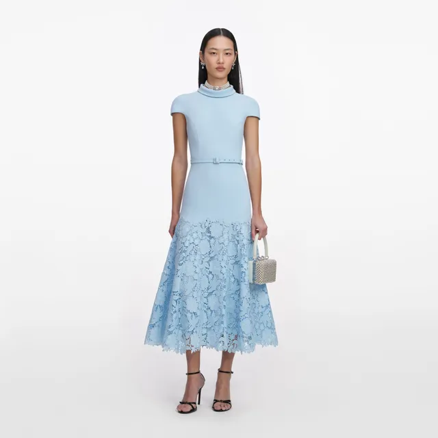Self Portrait Blue Crepe Lace Midi Dress Kleid Blau UK 6 Spitze