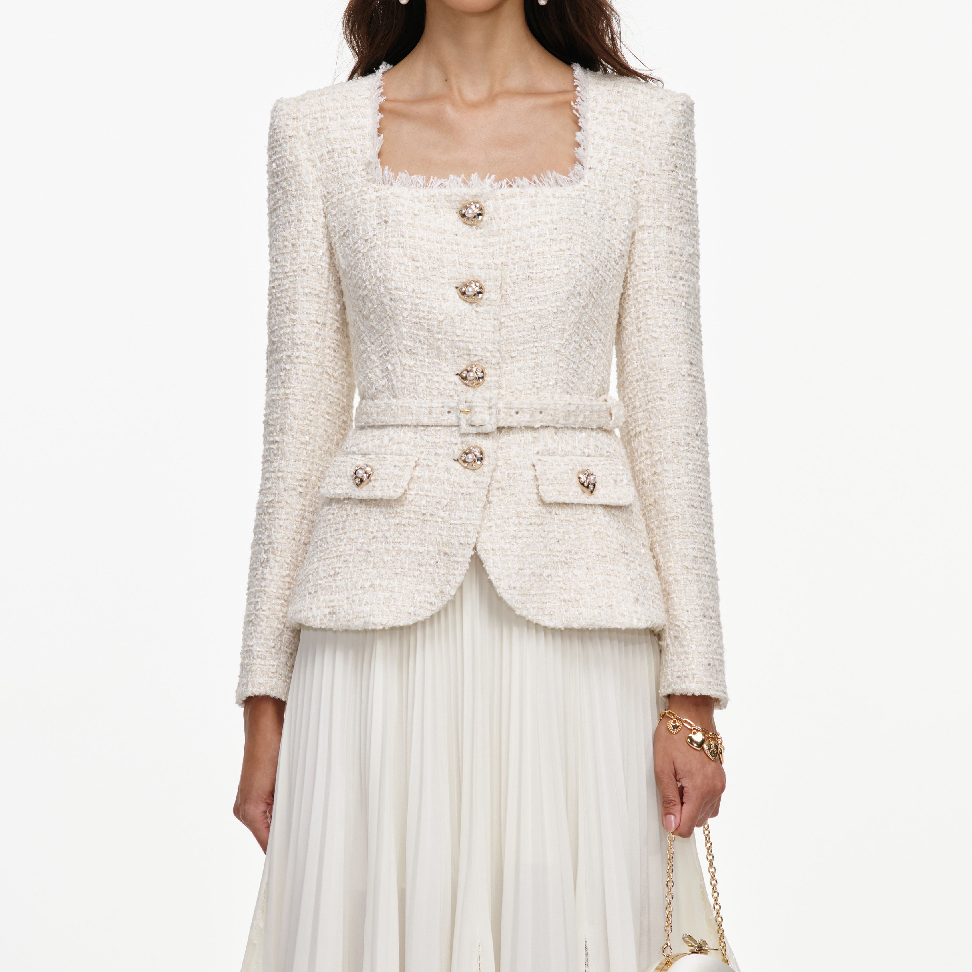 Self Portrait Cream Boucle Chiffon Midi Kleid Creme