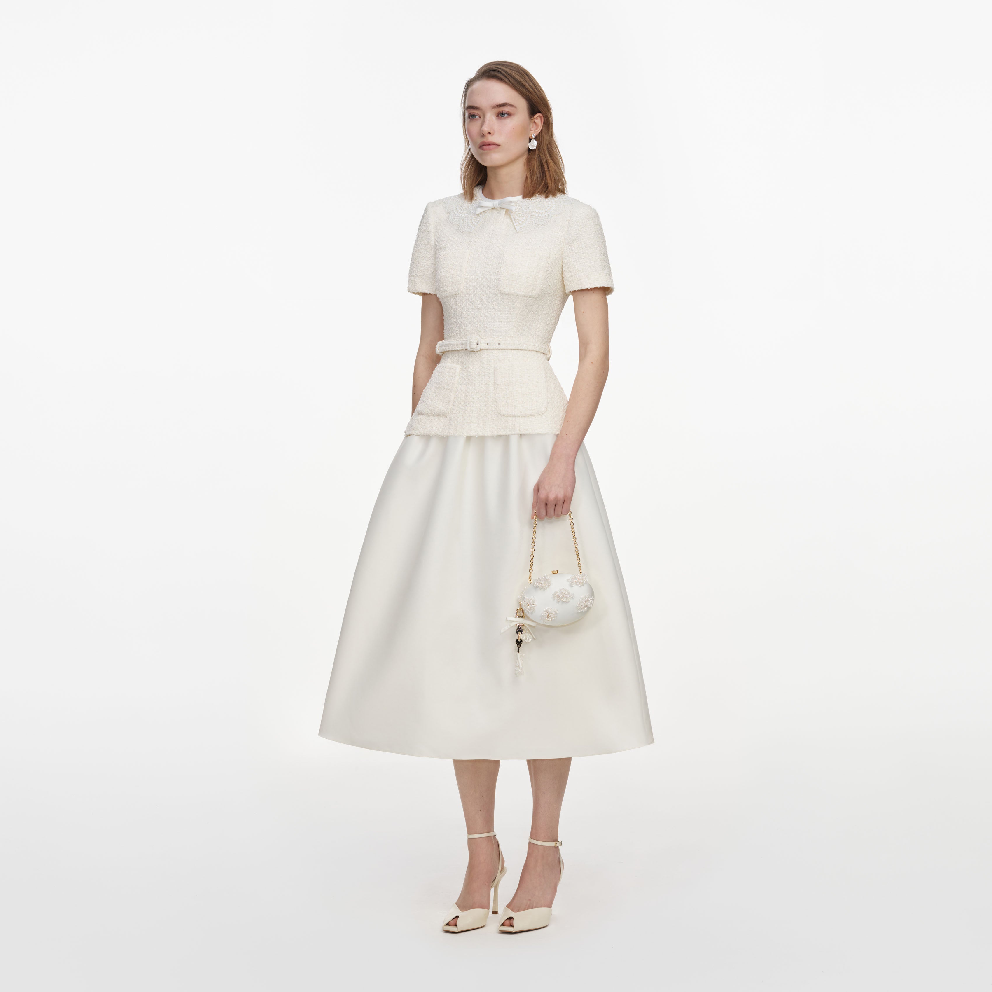 Self Portrait Cream Boucle Taffeta Midi Kleid Creme