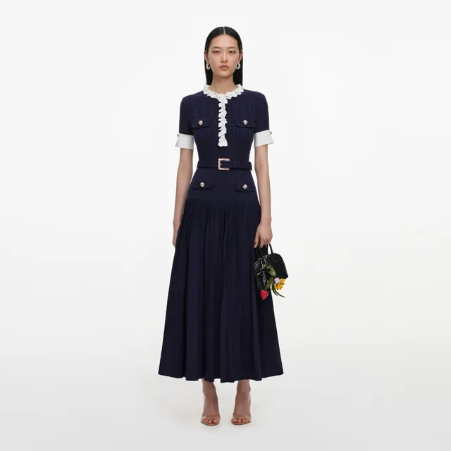 Self Portrait Navy Rib Knit Midi Dress Strickkleid Navy
