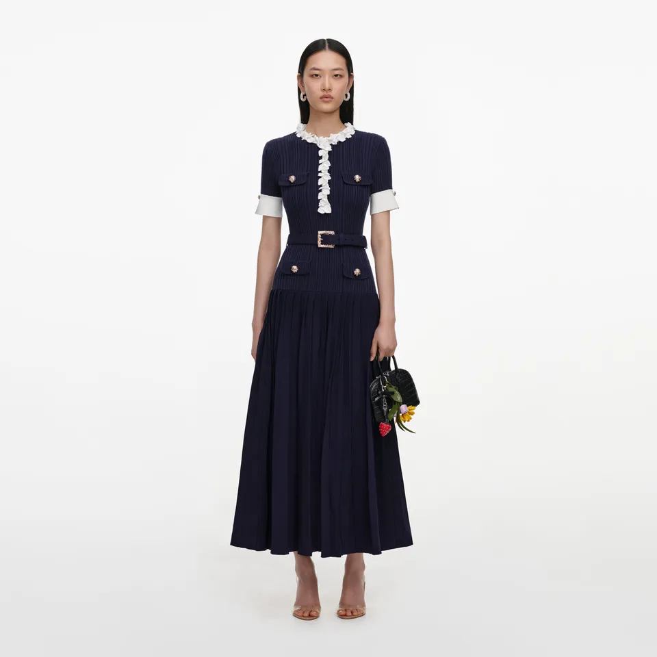 Self Portrait Navy Rib Knit Midi Dress Strickkleid Navy