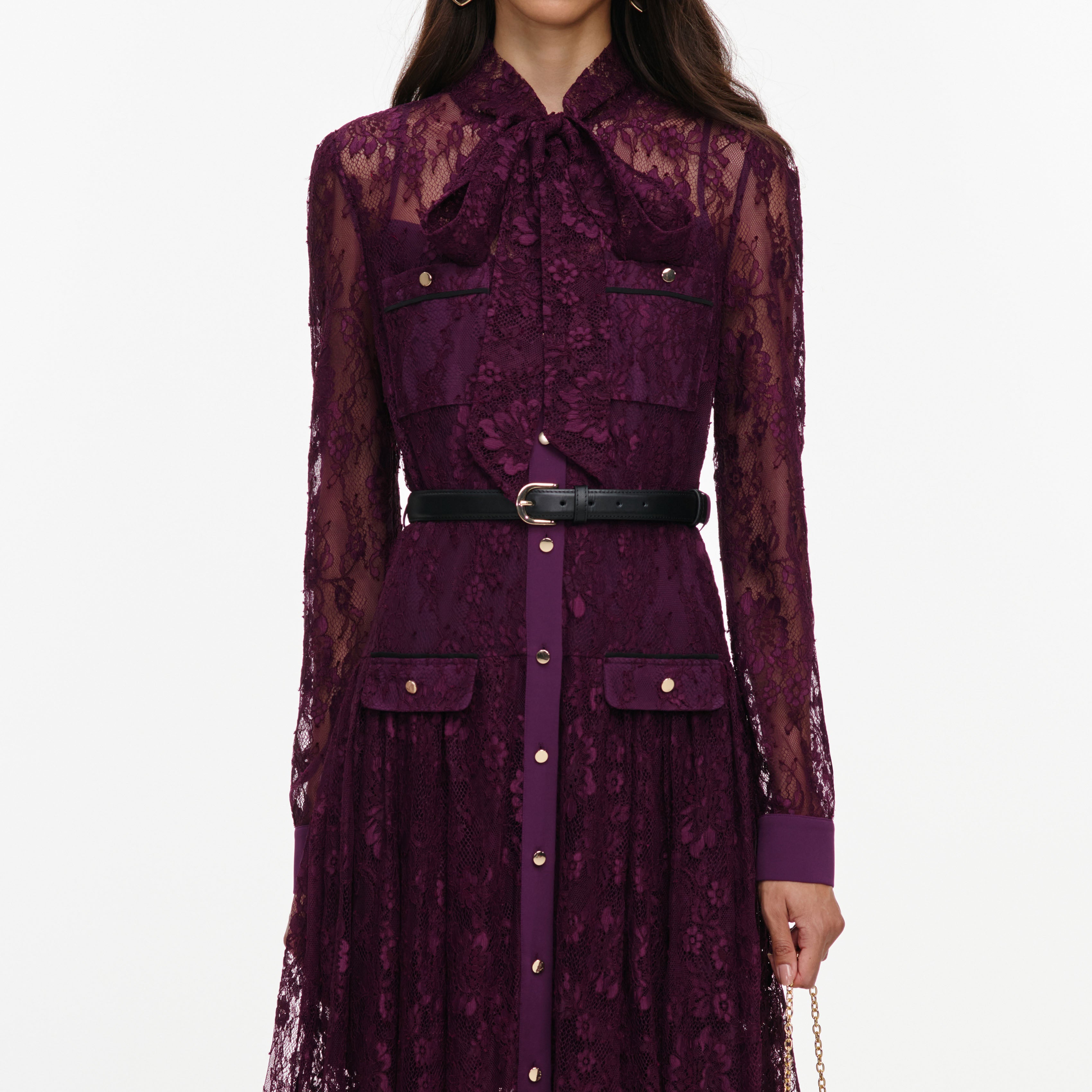 Self Portrait Purple Lace Tie Neck Midikleid Lila