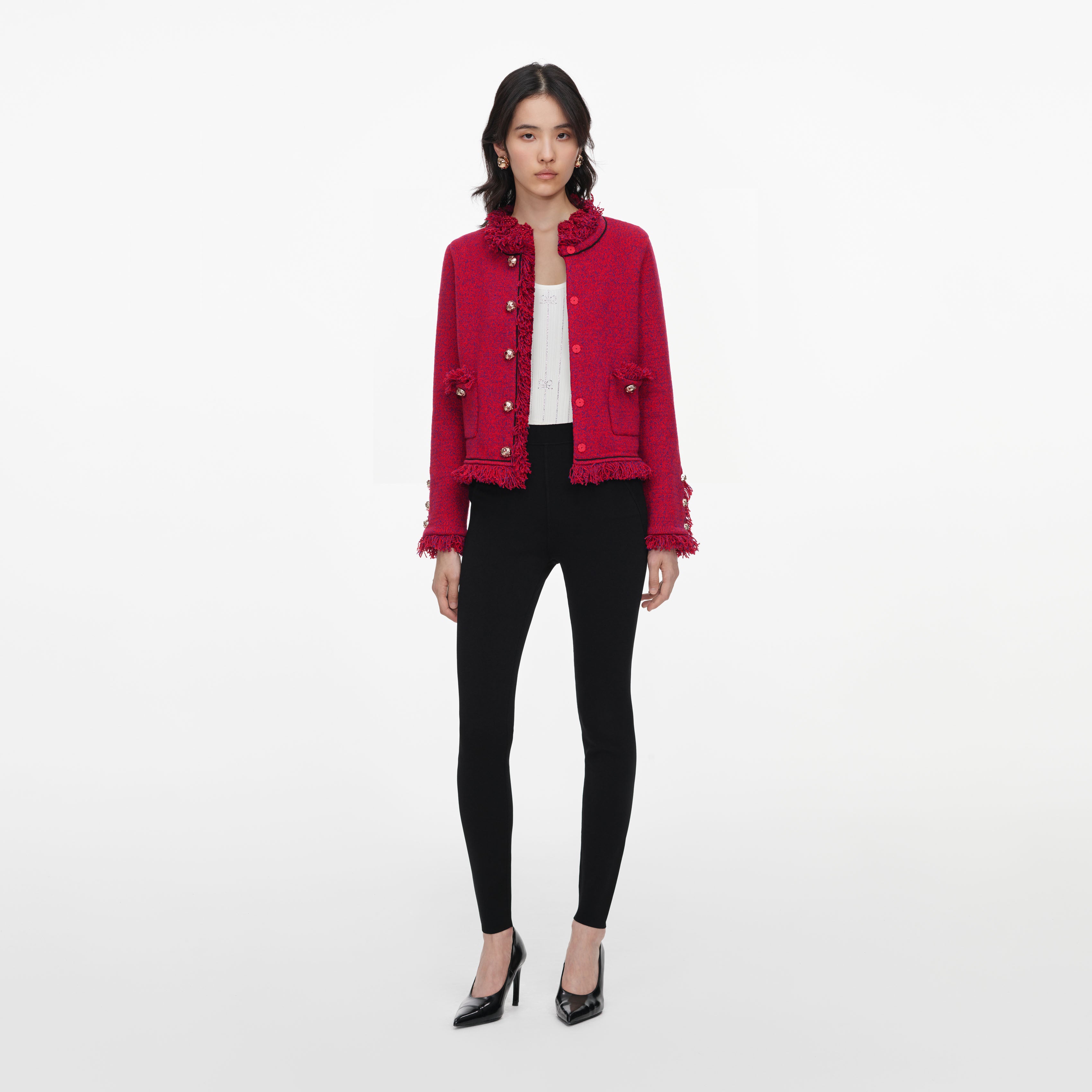 Self Portrait Red Frayed Strickjacke Rot Boucle M