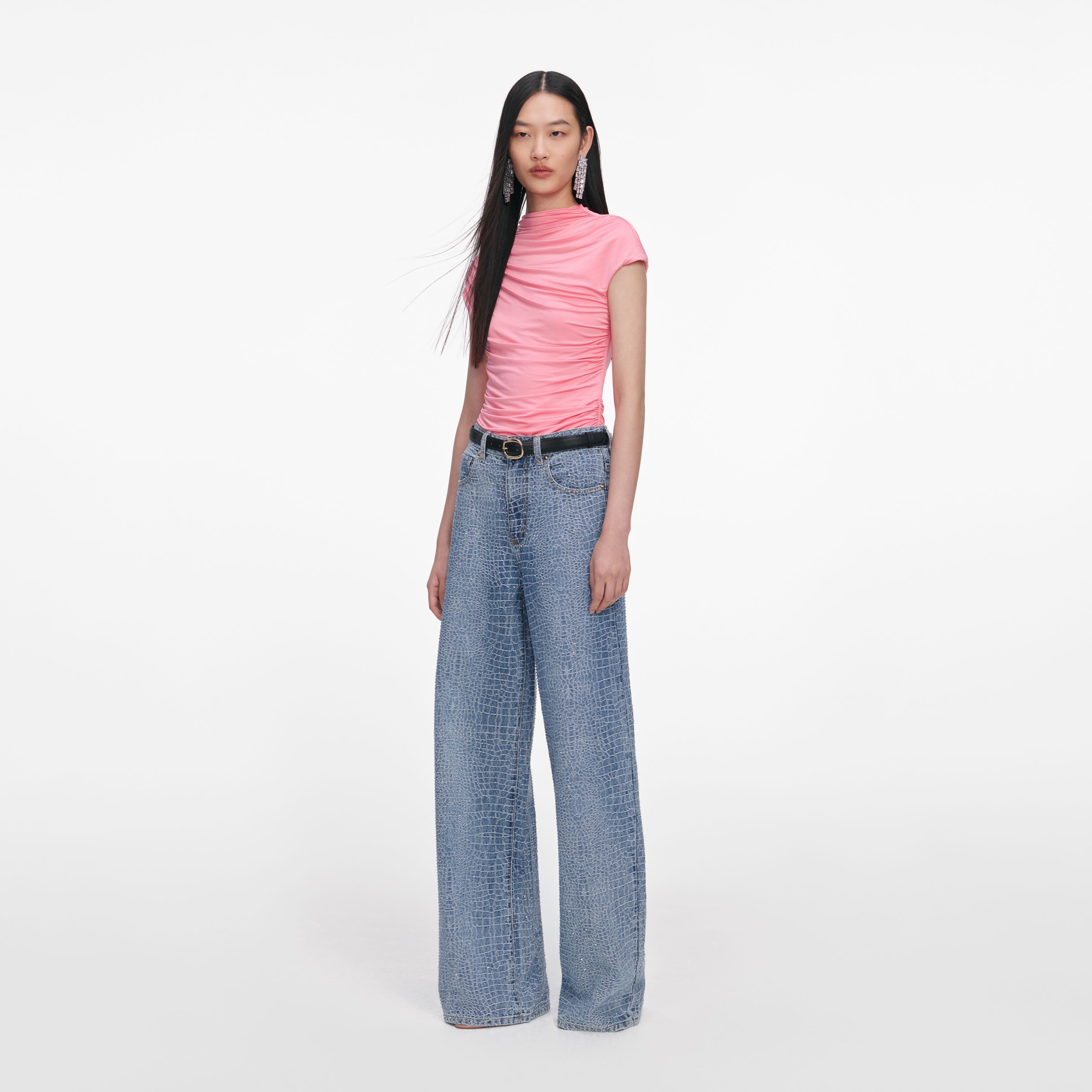 Self Portrait Pink Jersey Gathered Top Rosa Jersey
