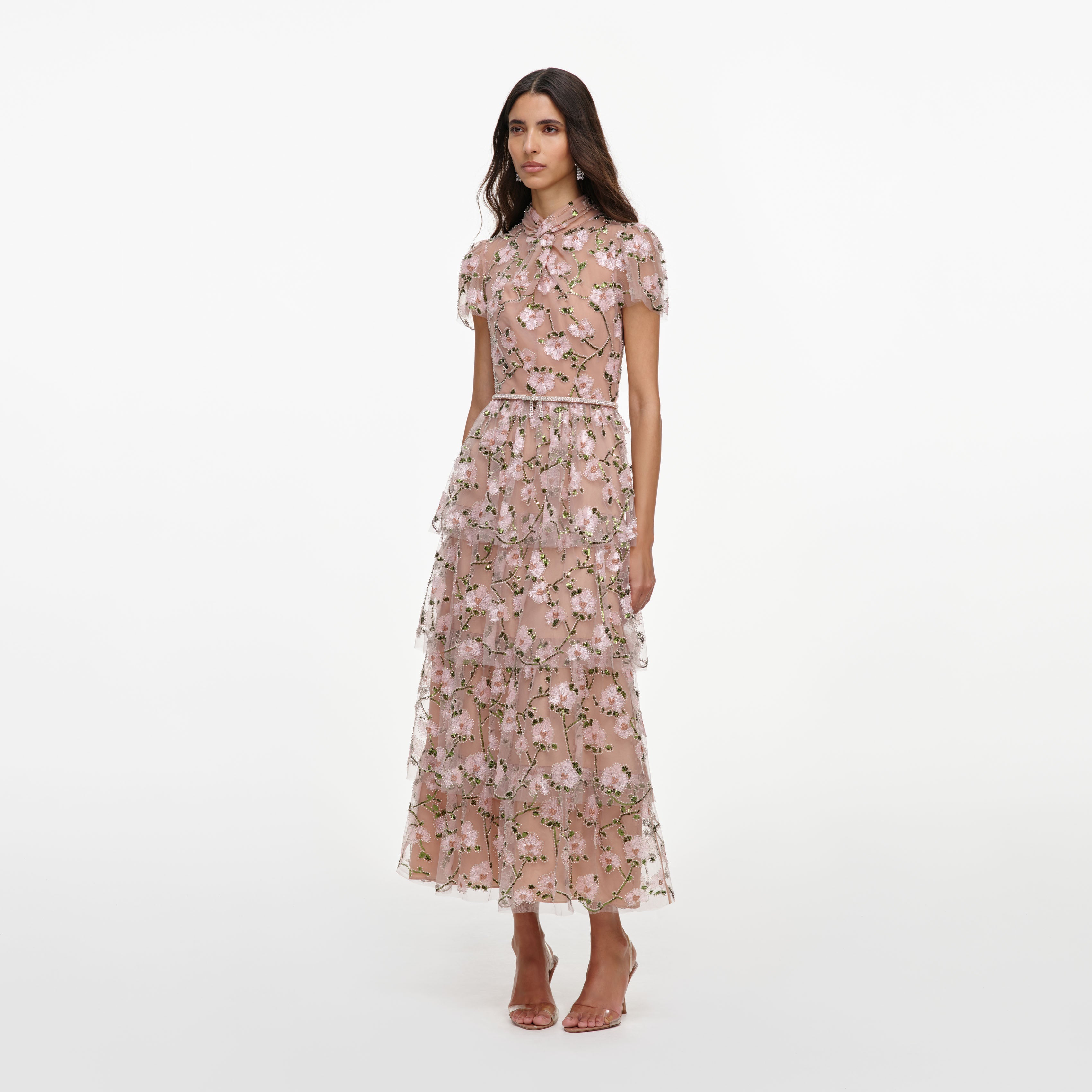 Self Portrait Pink Sequin Tiered Midi Kleid Rosa UK 8
