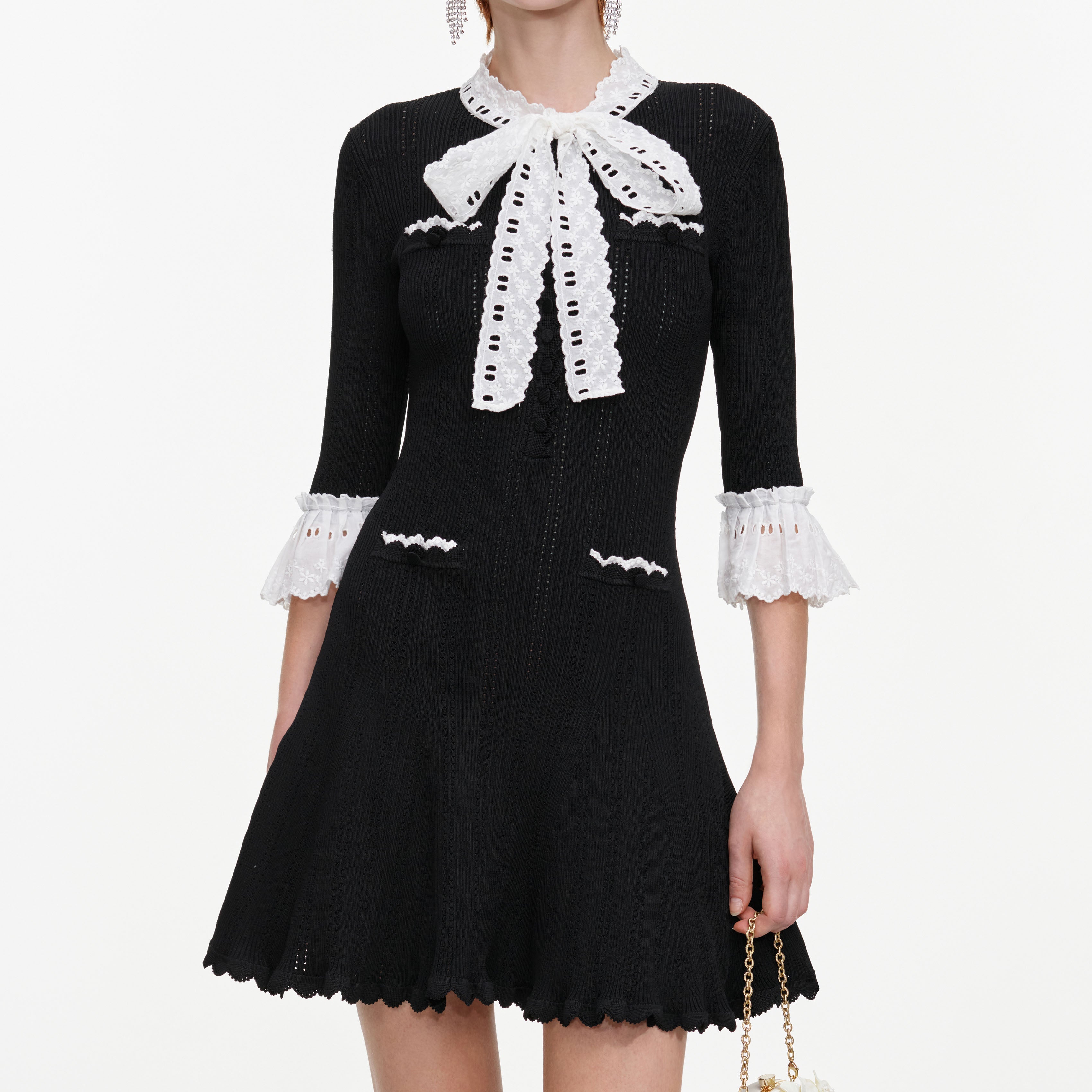 Self Portrait Black Pointelle Lace Mini Kleid Schwarz Spitze