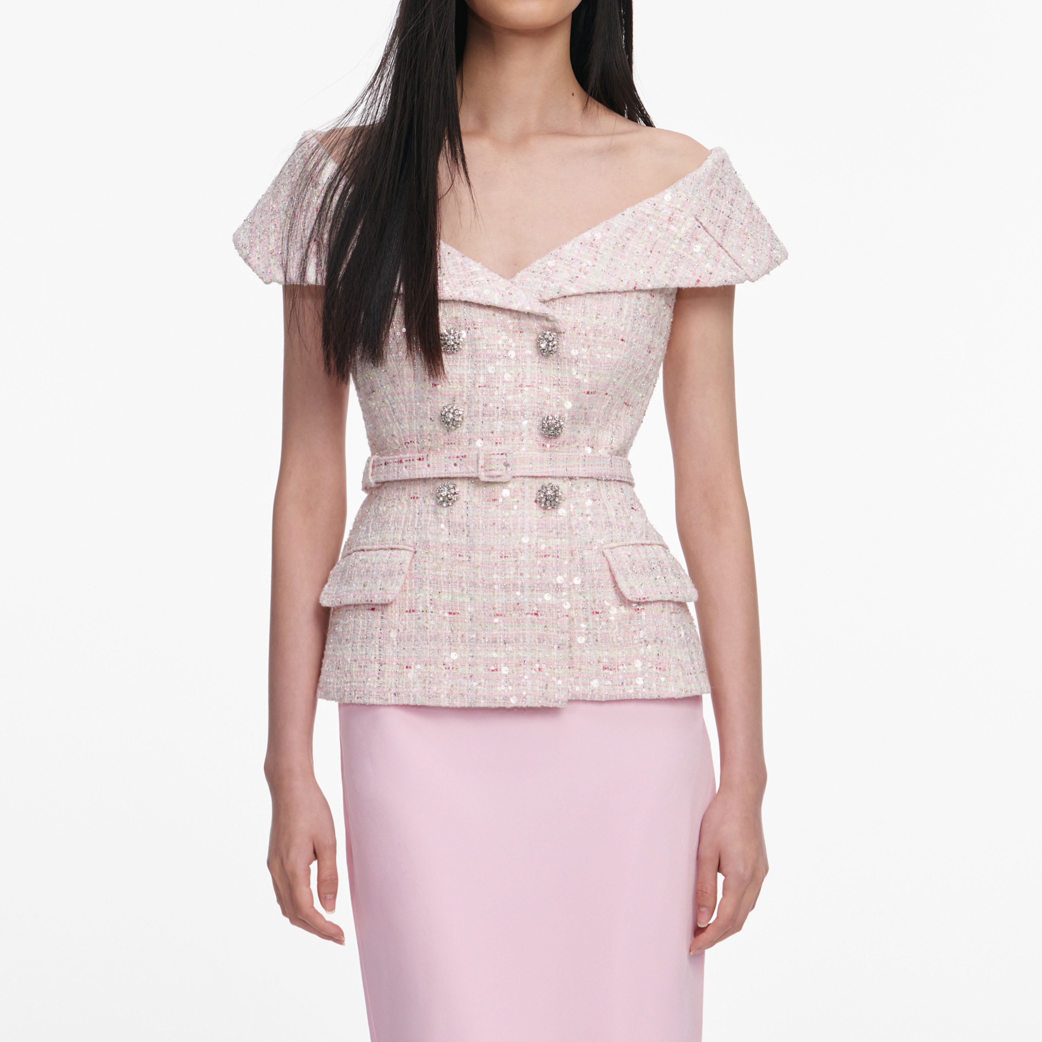 Self Portrait Sequin Boucle Maxikleid Pink Gürtel