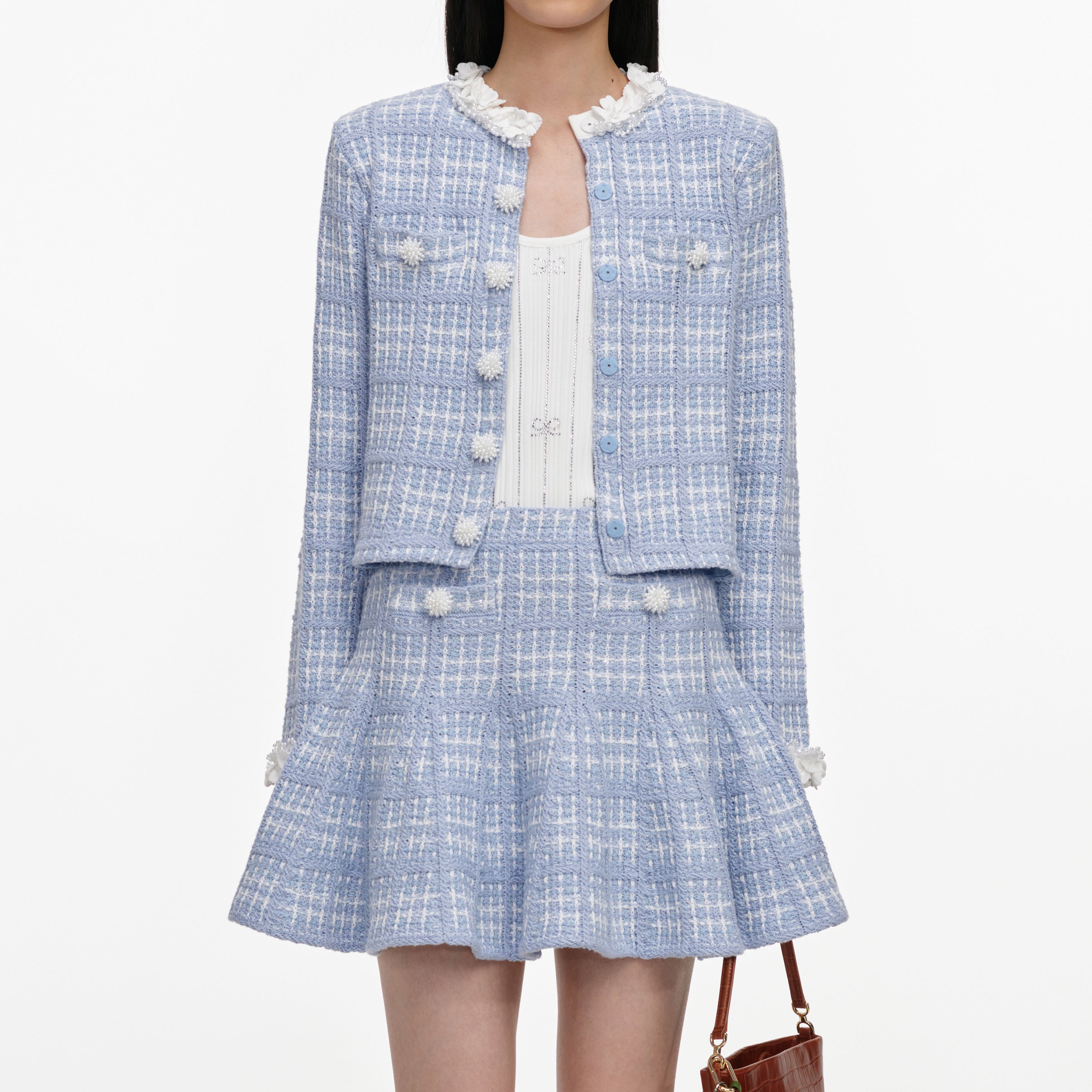 Self Portrait Blue Check Strick Minirock Blau Perlen