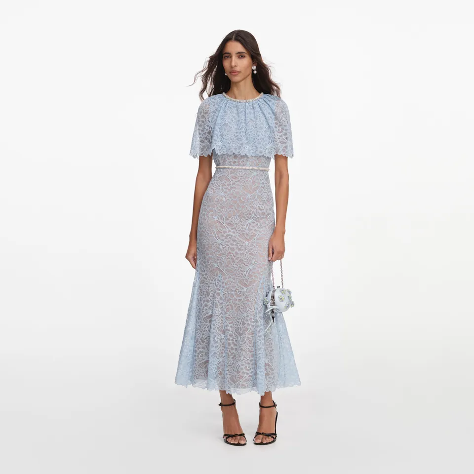 Self Portrait Spitze Midikleid Blau Cape Perlenbesatz