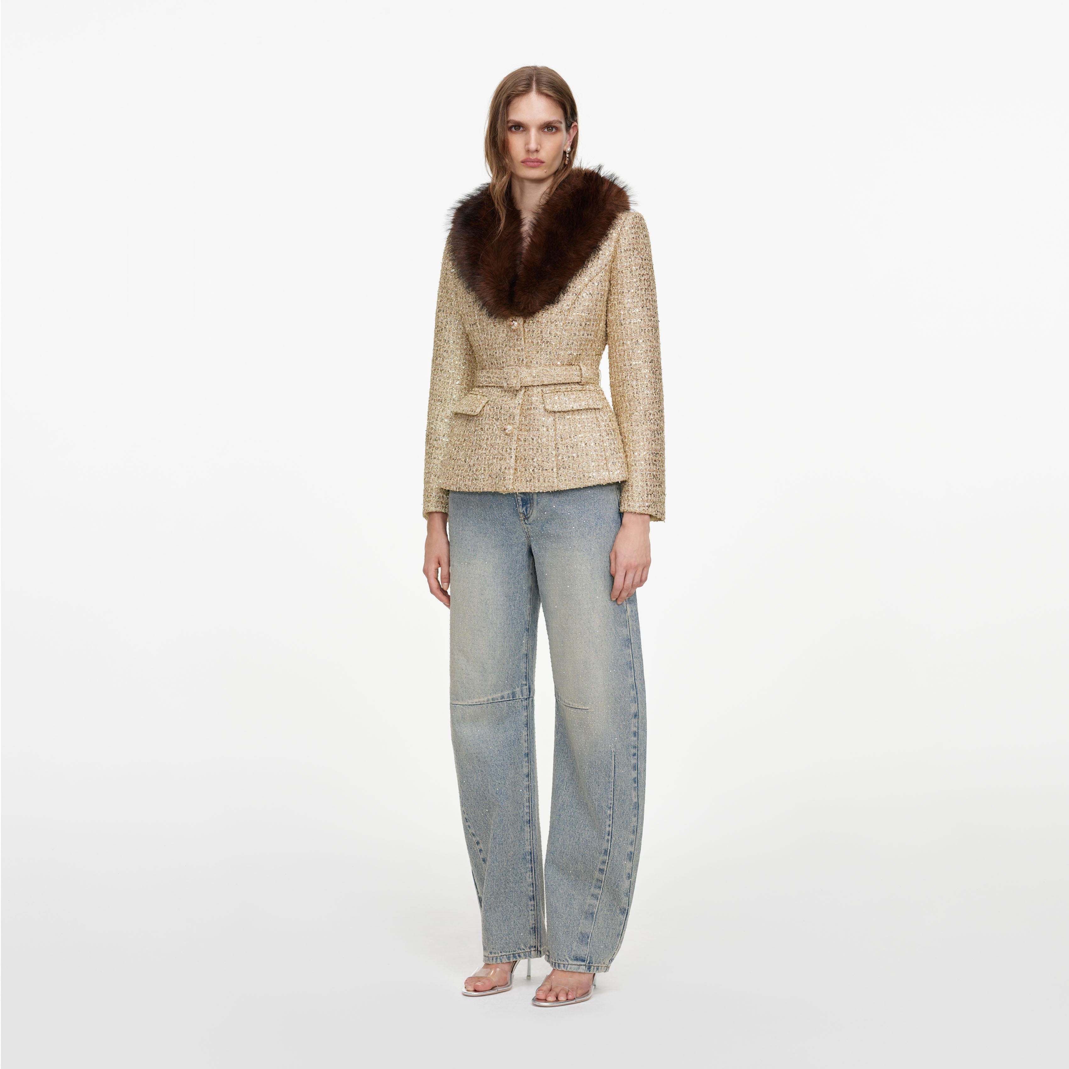 Self Portrait Gold Sequin Boucle Jacke Gold
