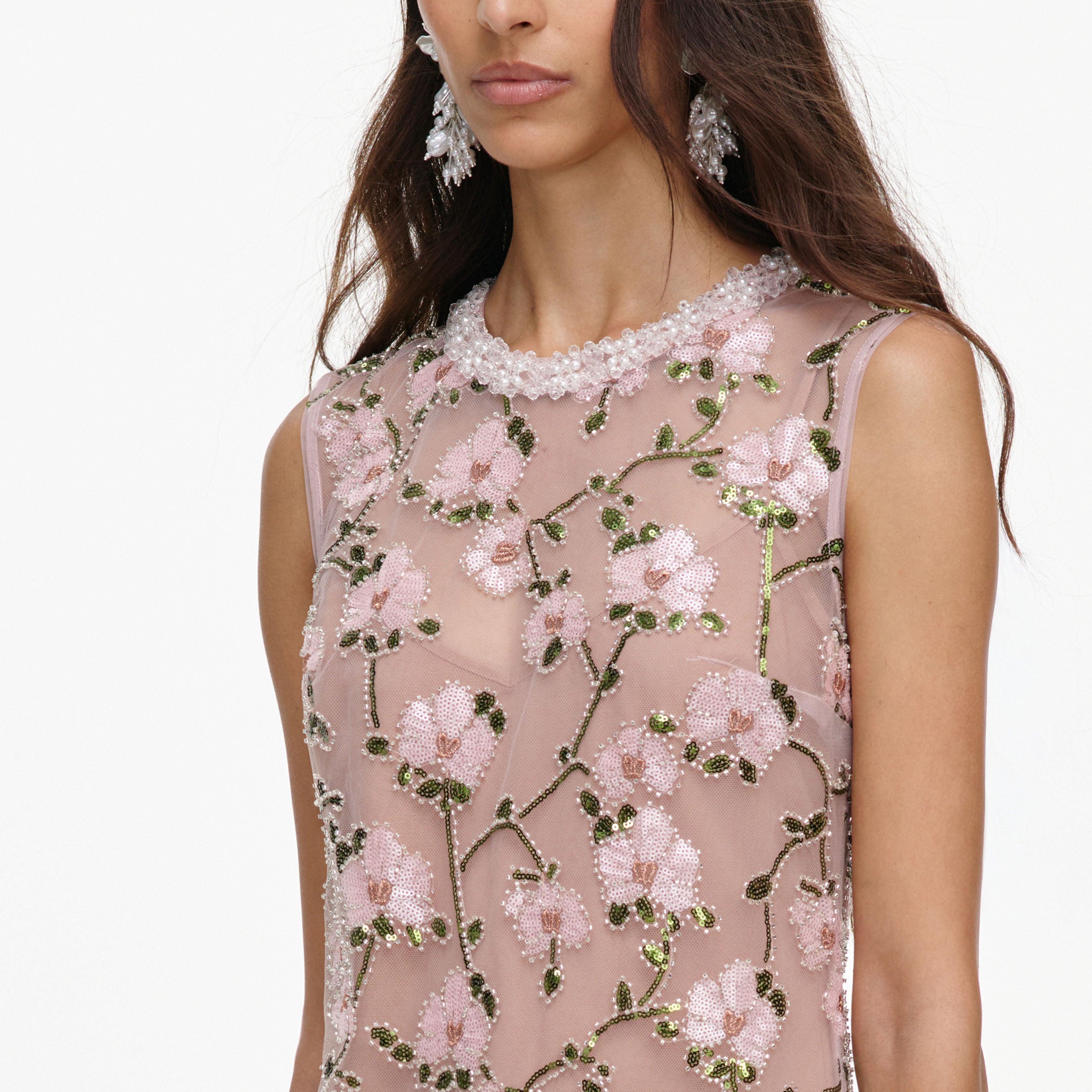 Self Portrait Floral Sequin Mini Kleid Pink Perlen