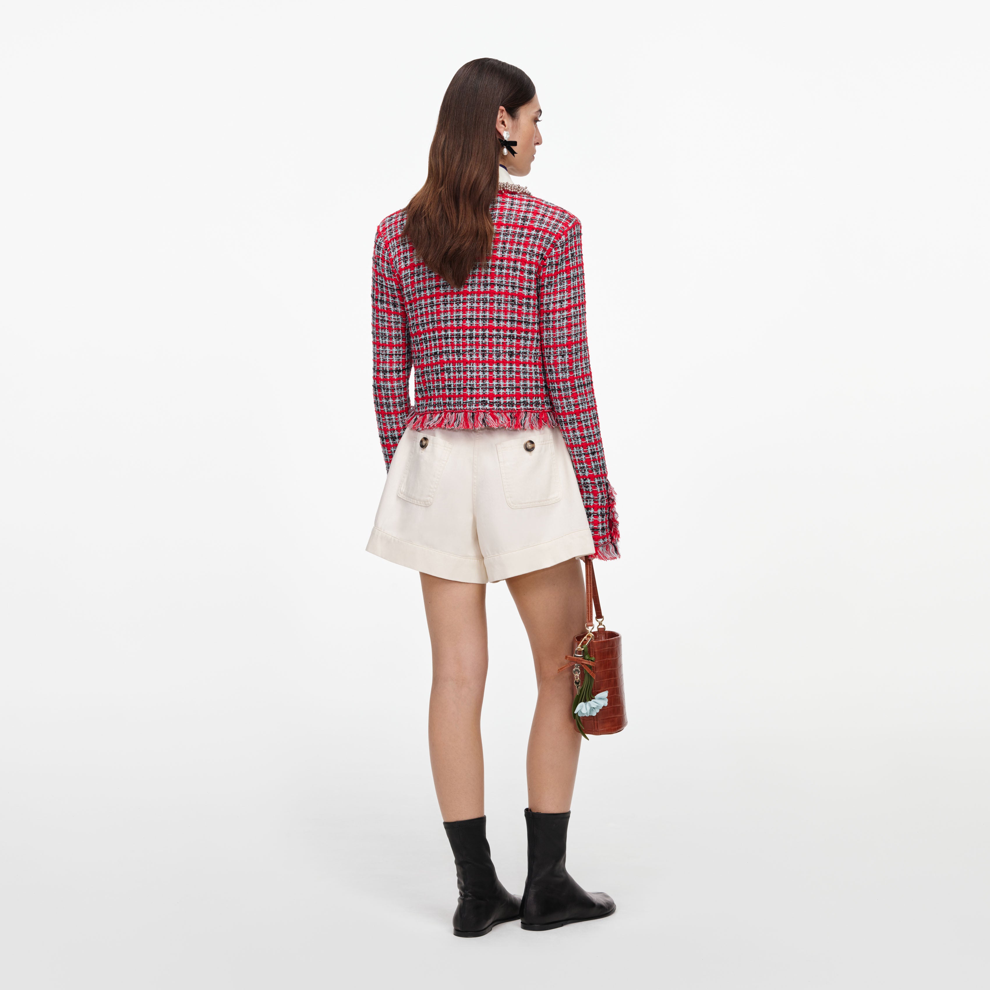 Self Portrait Red Check Frayed Knit Jacke S Rot Karo