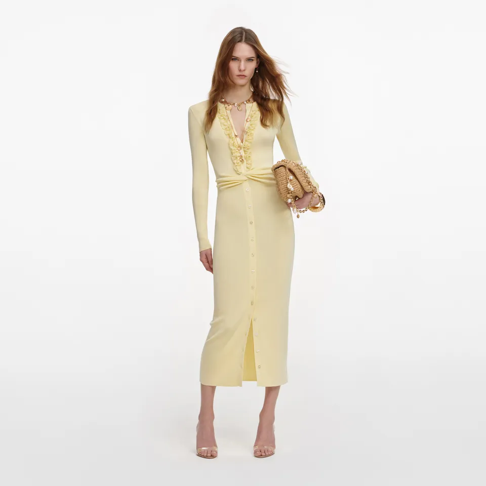 Self Portrait Yellow Viscose Knit Ruffle Midi Kleid Gelb