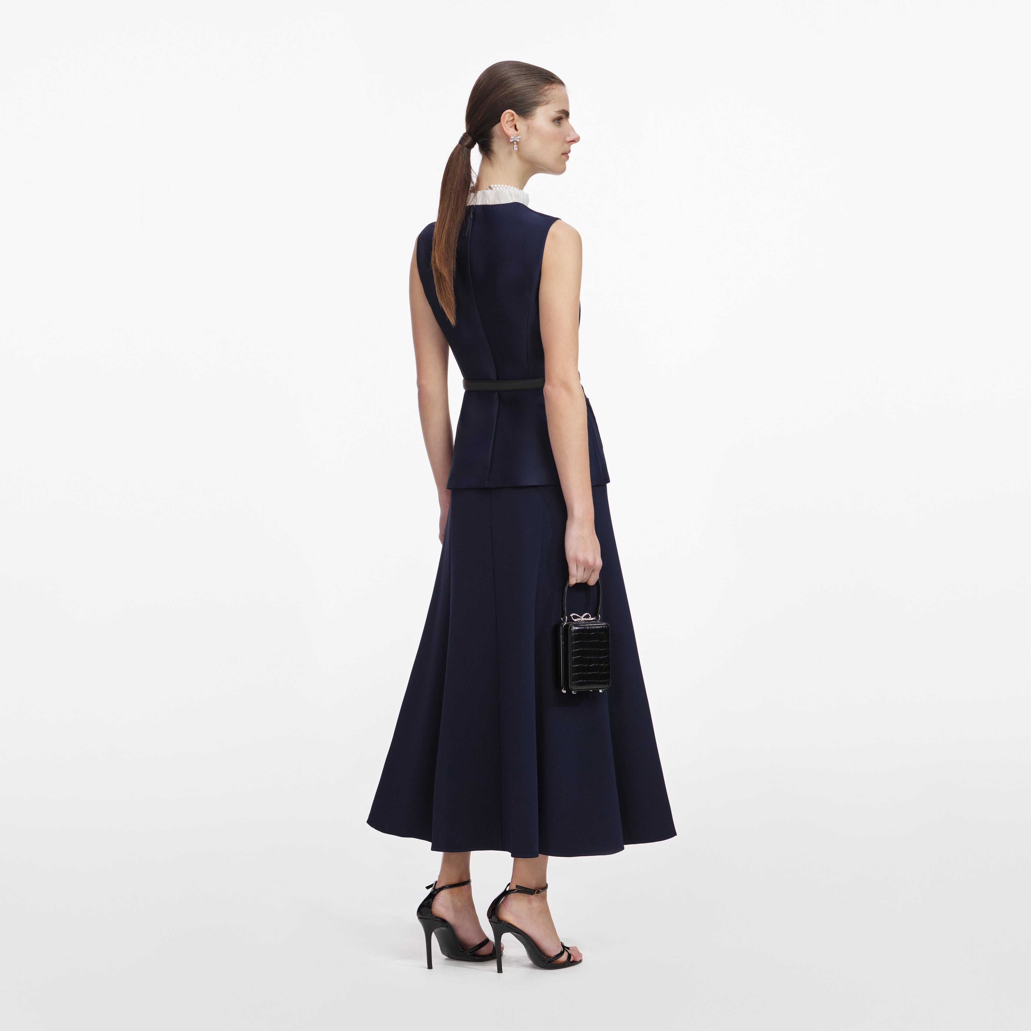 Self-Portrait Taffeta Contrast Frill Midi Kleid navy