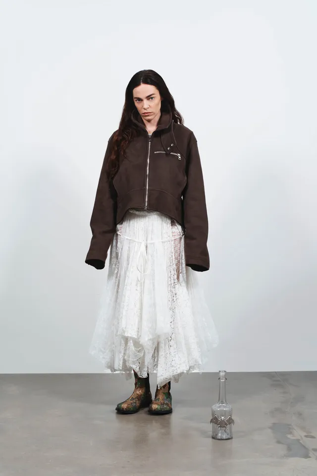 J.W.Anderson Curved Hem Cropped Biker Jacke Damen Braun Leder