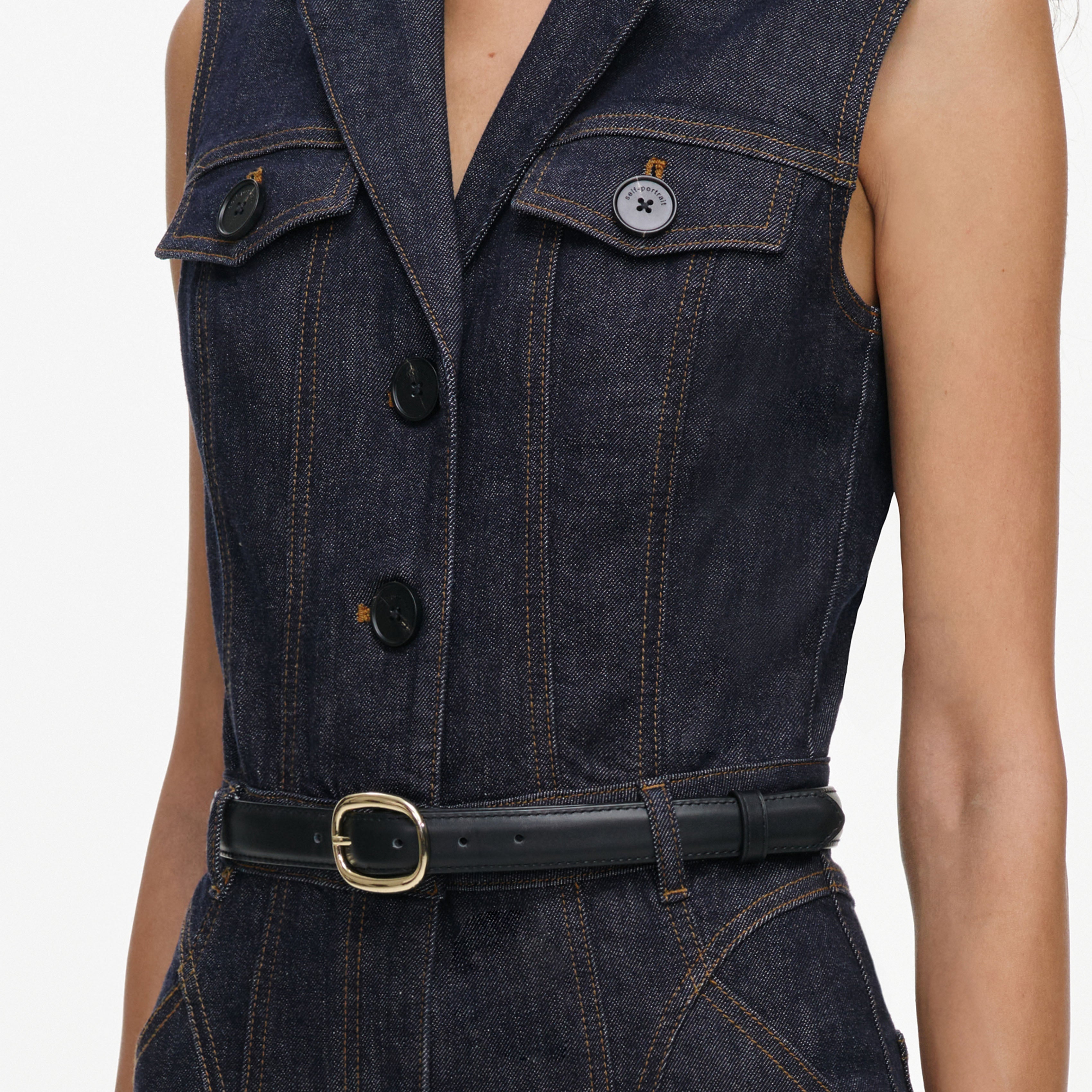 Self Portrait Denim Indigo Belted Denim Jumpsuit Overall UK 8