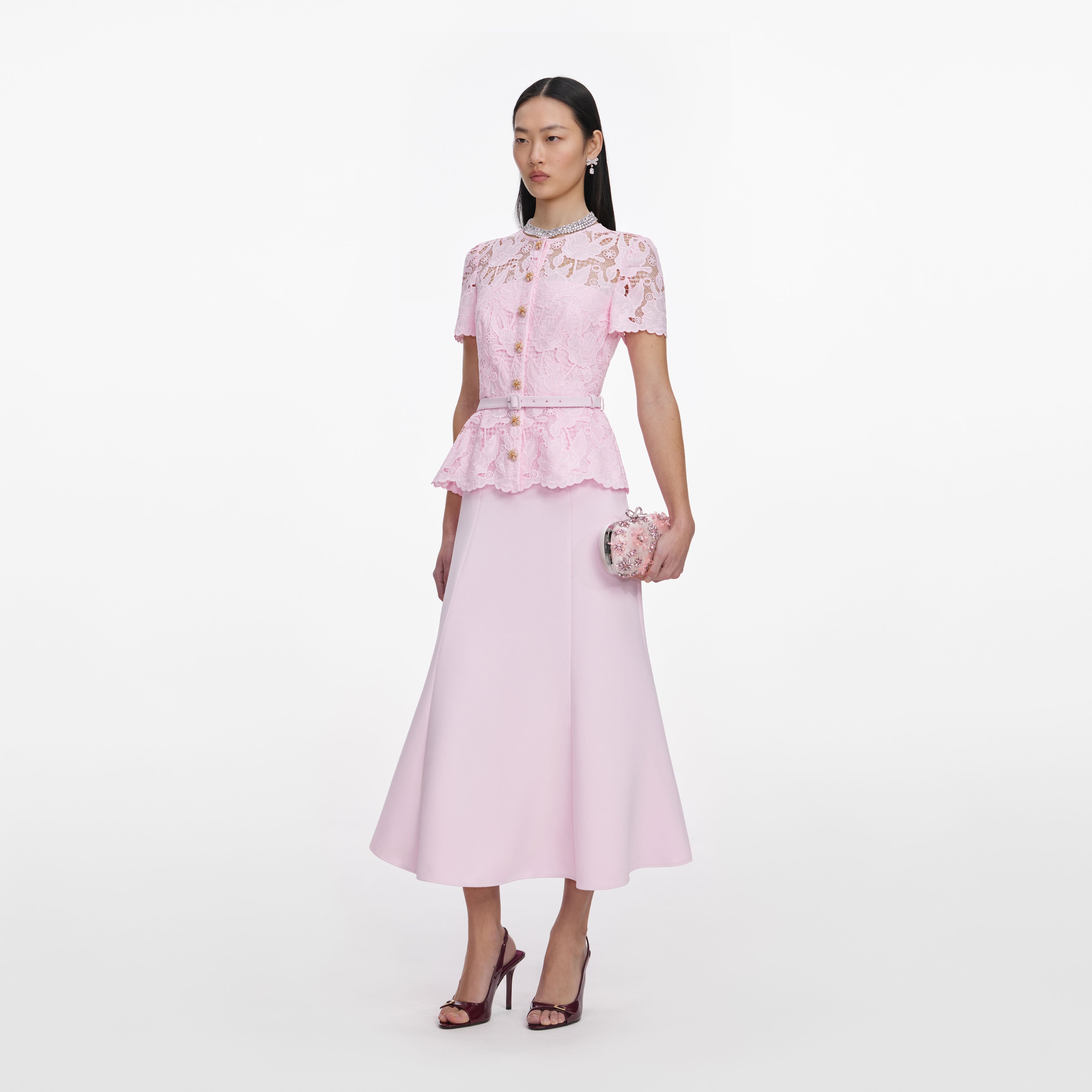 Self Portrait Pink Lace Crepe Midi Dress Midikleid UK6