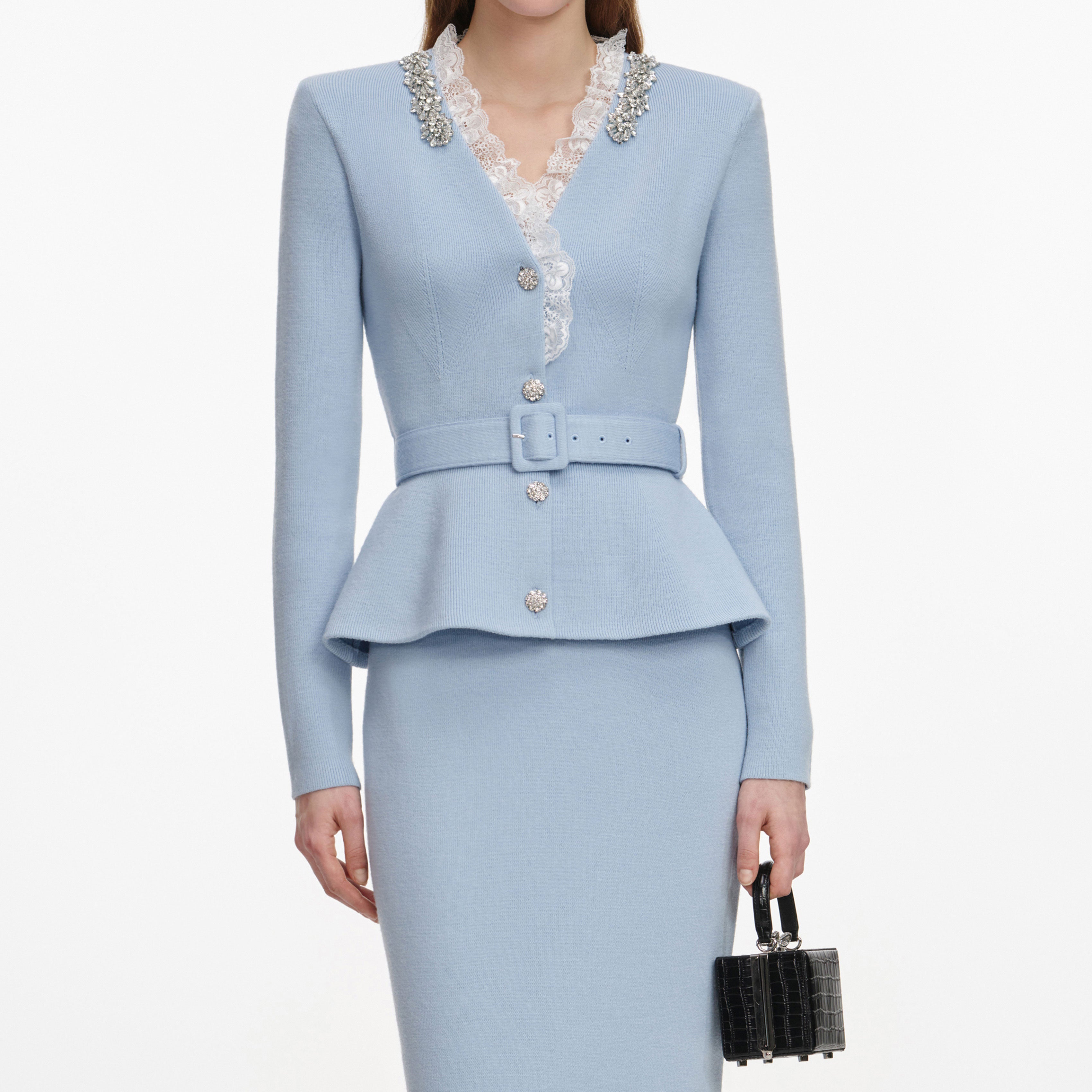 Self Portrait Blue Crystal Trim Knit Midi Dress Strickkleid blau