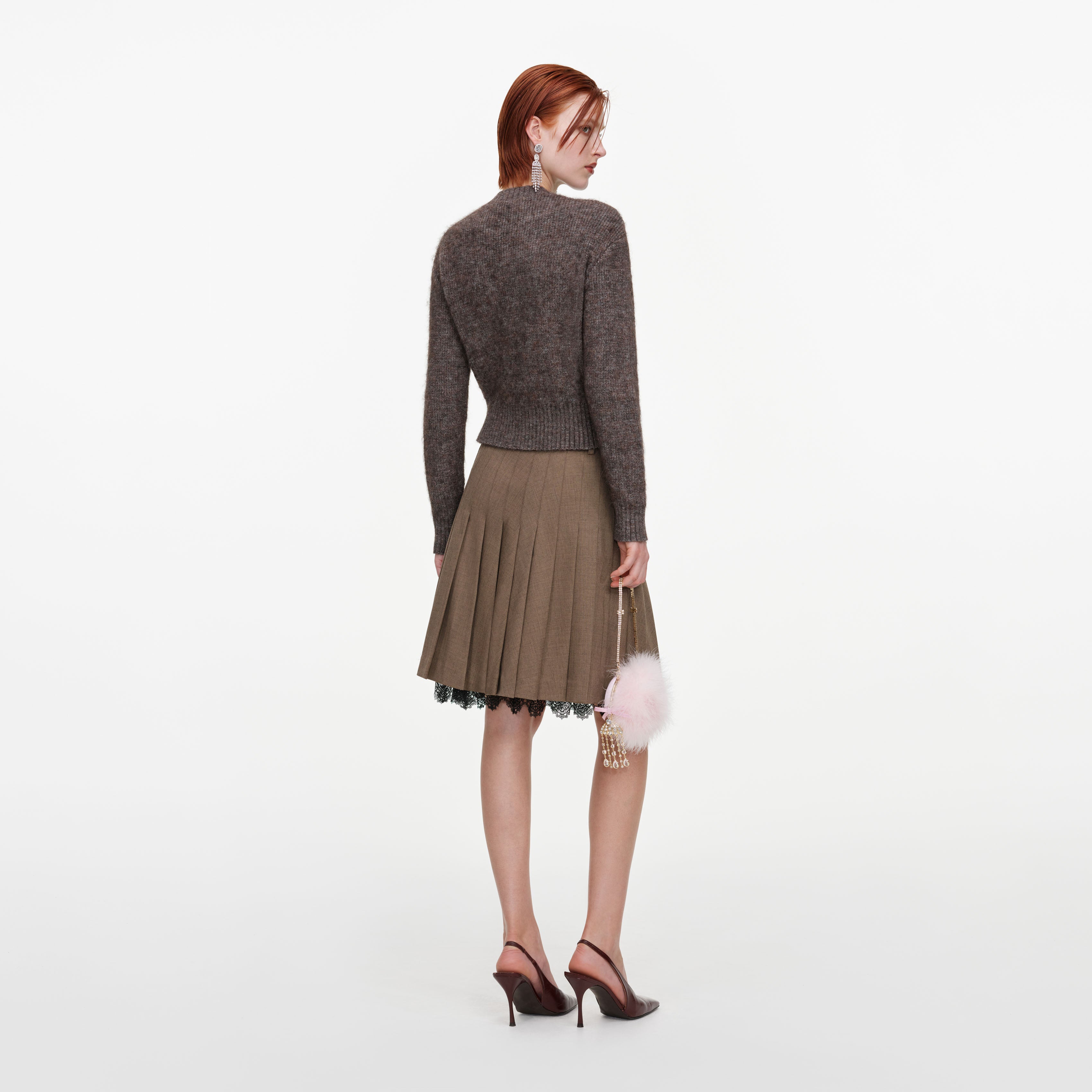 Self Portrait Brown Twill Lace Pleated Midi Rock Braun UK 8 Plissee