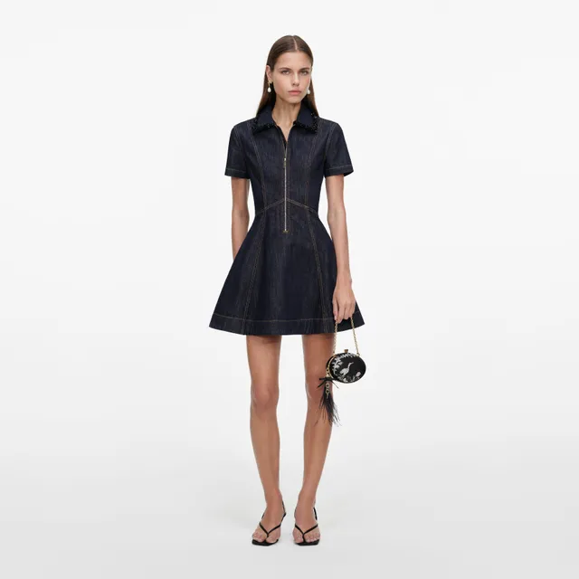 Self Portrait Denim Indigo Denim Collared Mini Kleid Indigo mit Taschen