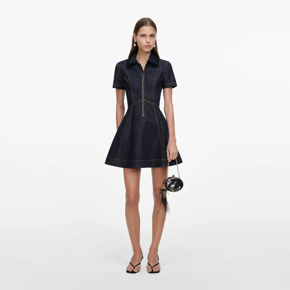 Self Portrait Denim Indigo Denim Collared Mini Kleid Indigo mit Taschen