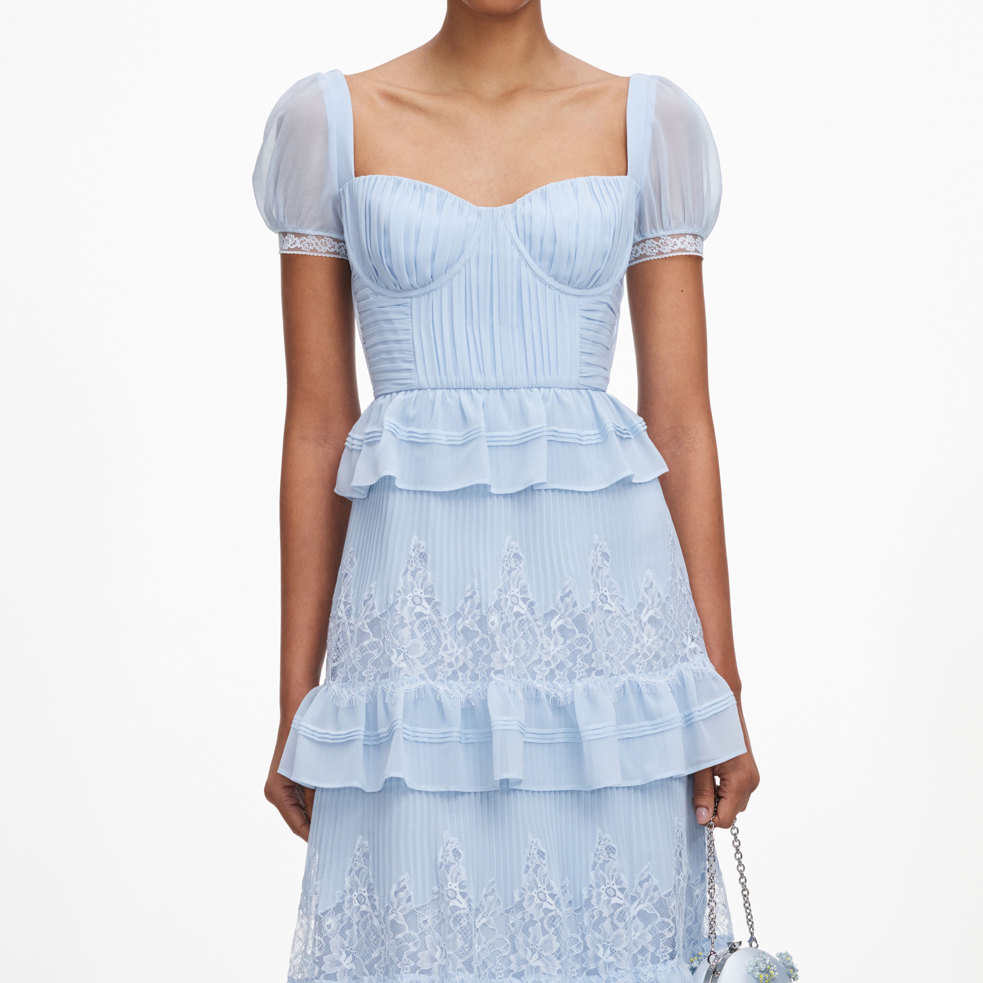 Self Portrait Blue Chiffon Short Sleeve Midi Kleid blau