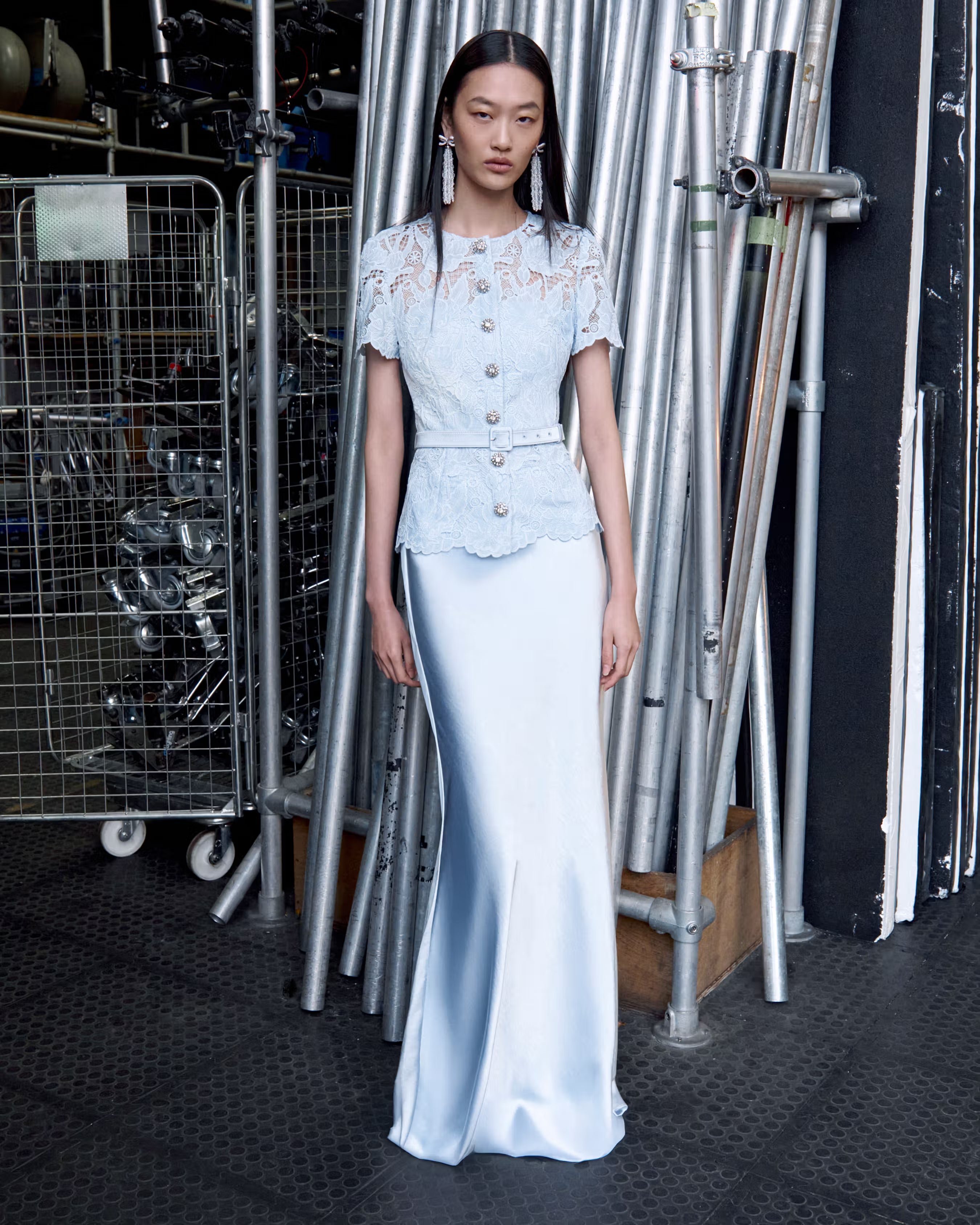 Self Portrait Blue Lace Satin Maxikleid Blau