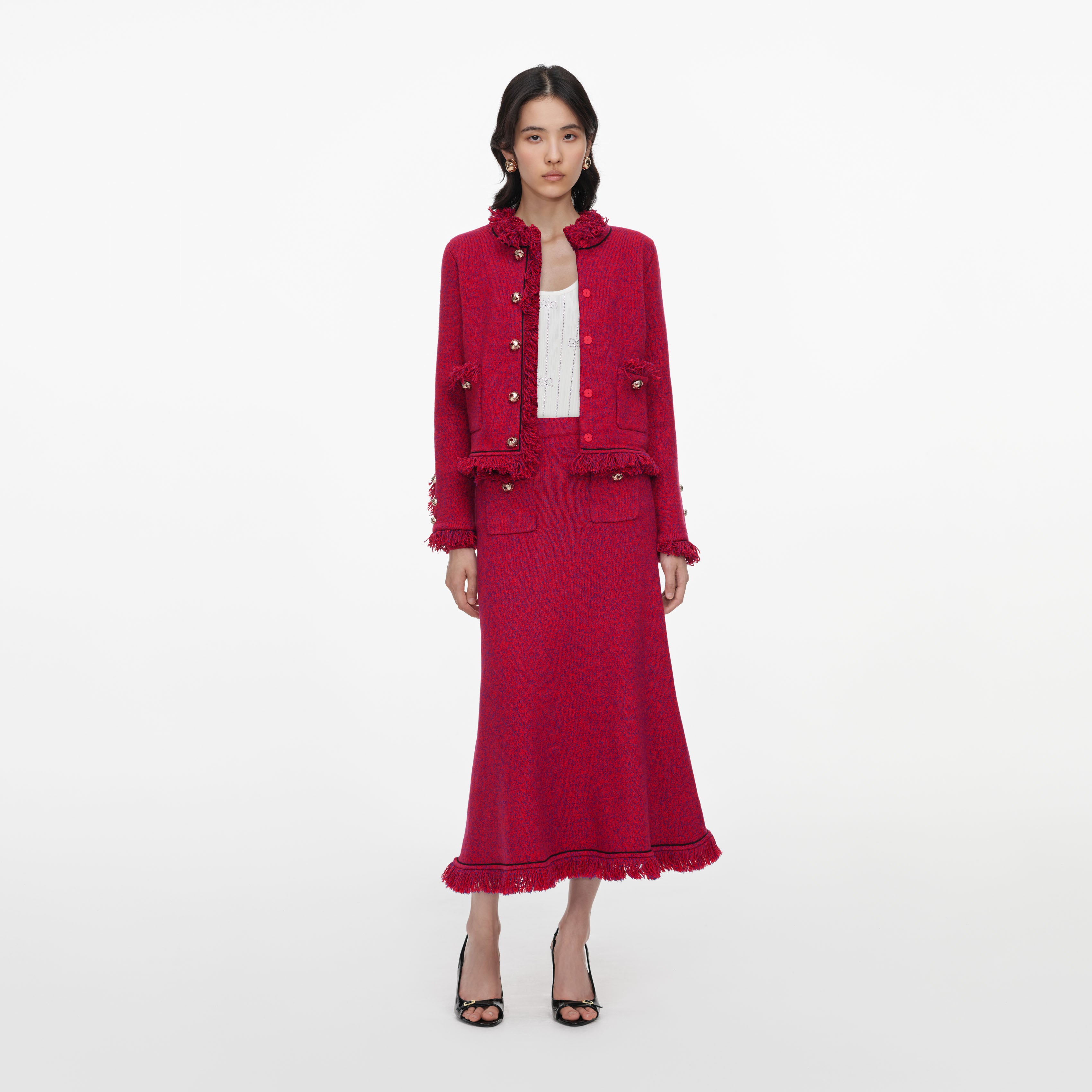 Self Portrait Red Frayed Strickrock Midi Rot
