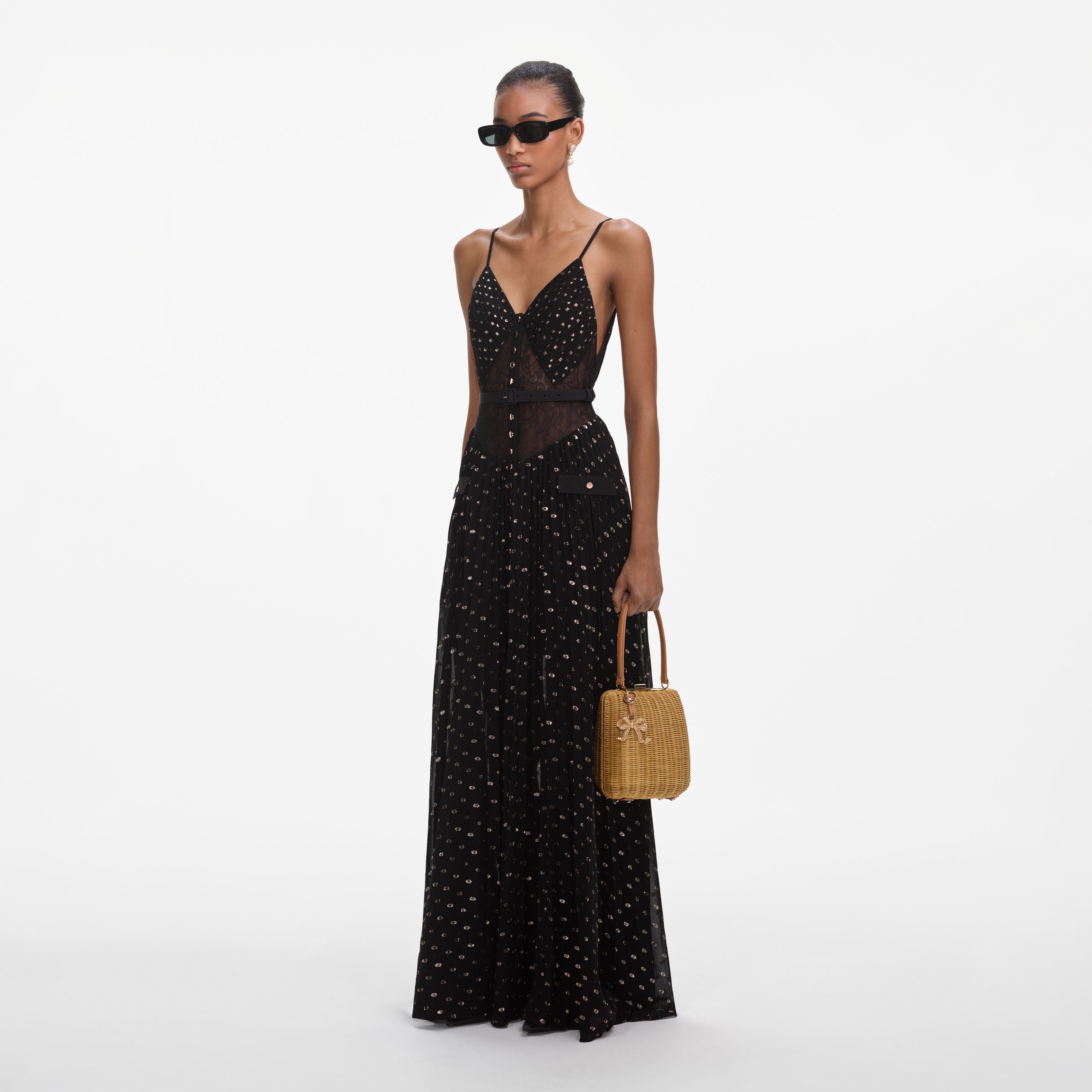 Self Portrait Dresses Black Gold Chiffon Maxikleid Schwarz UK 8