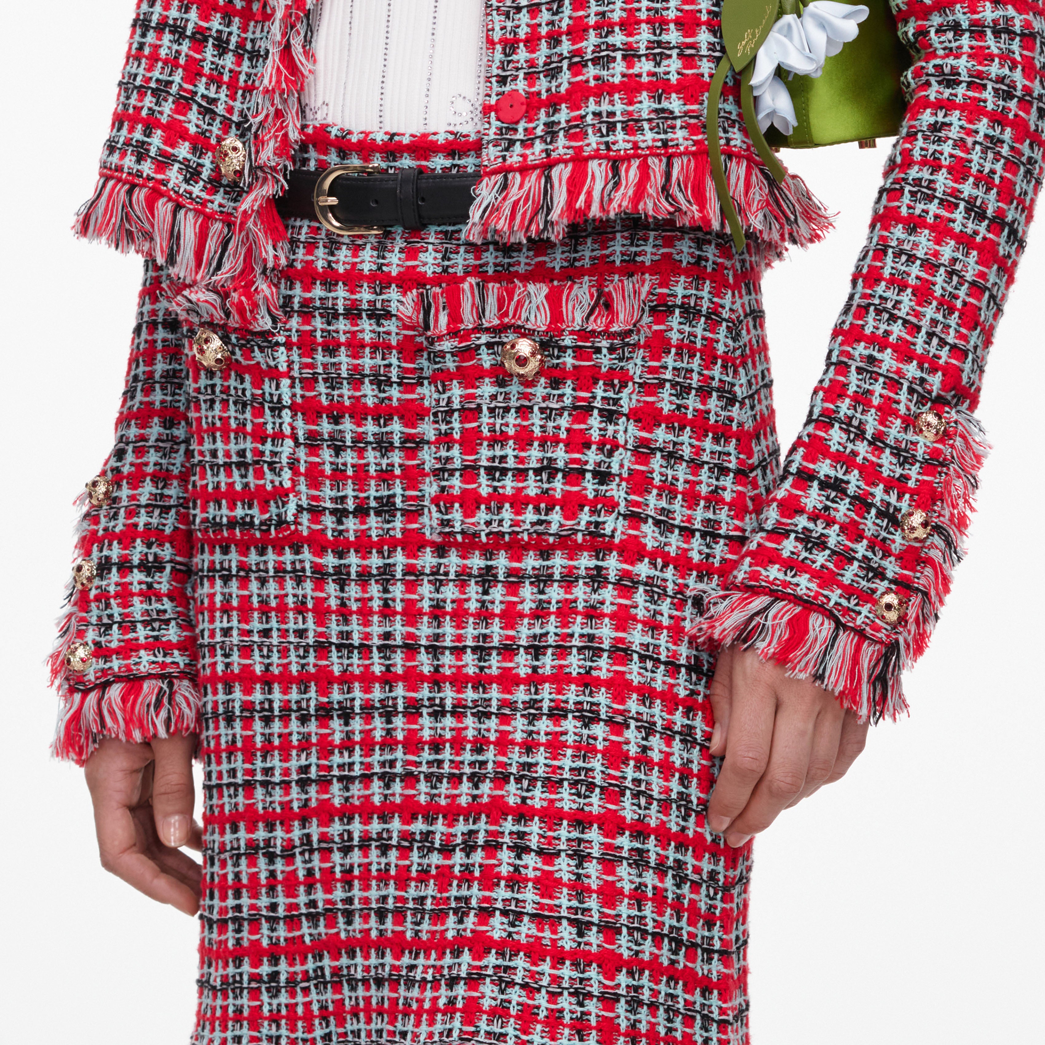 Self Portrait Red Check Frayed Knit Midi Rock Rot