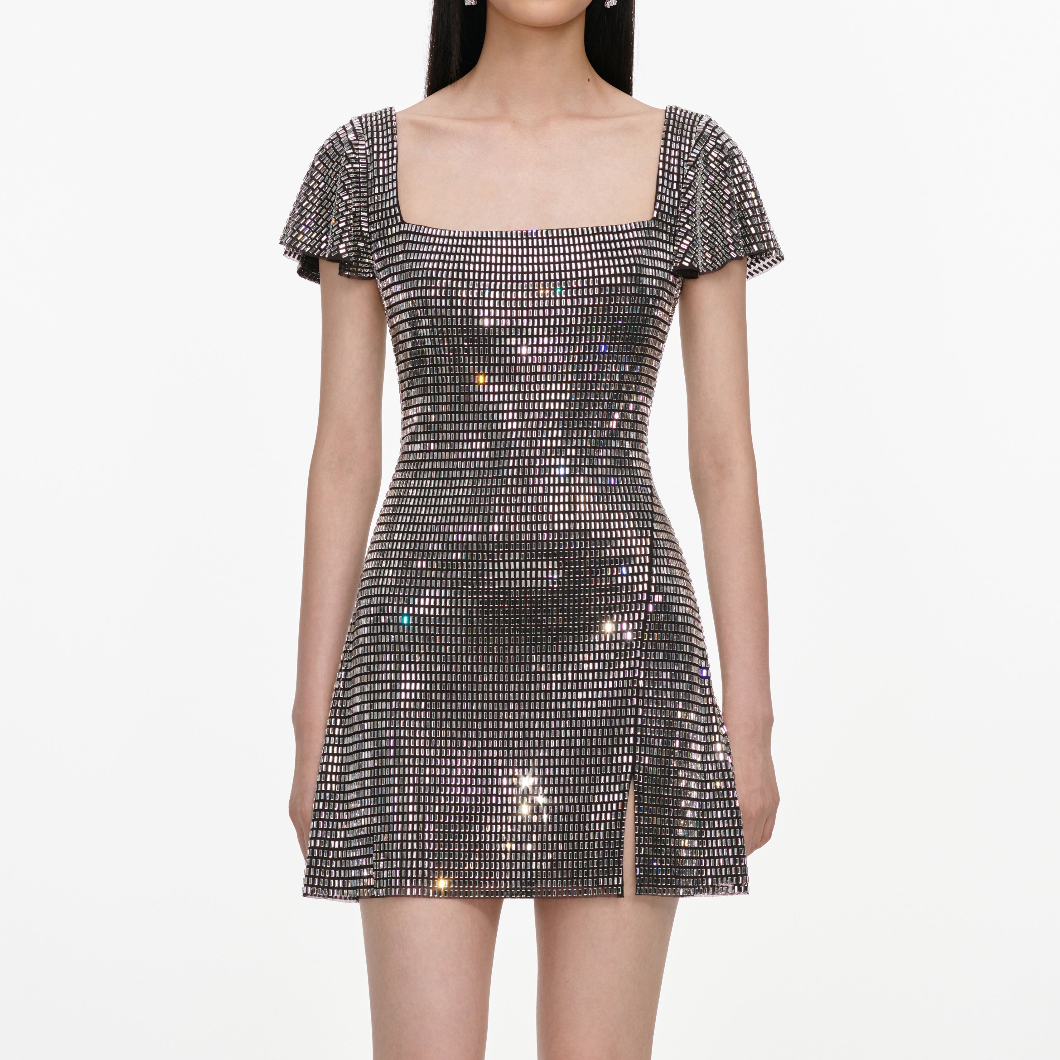 Self Portrait Grey Rhinestone Mesh Minikleid grau Strass UK 8