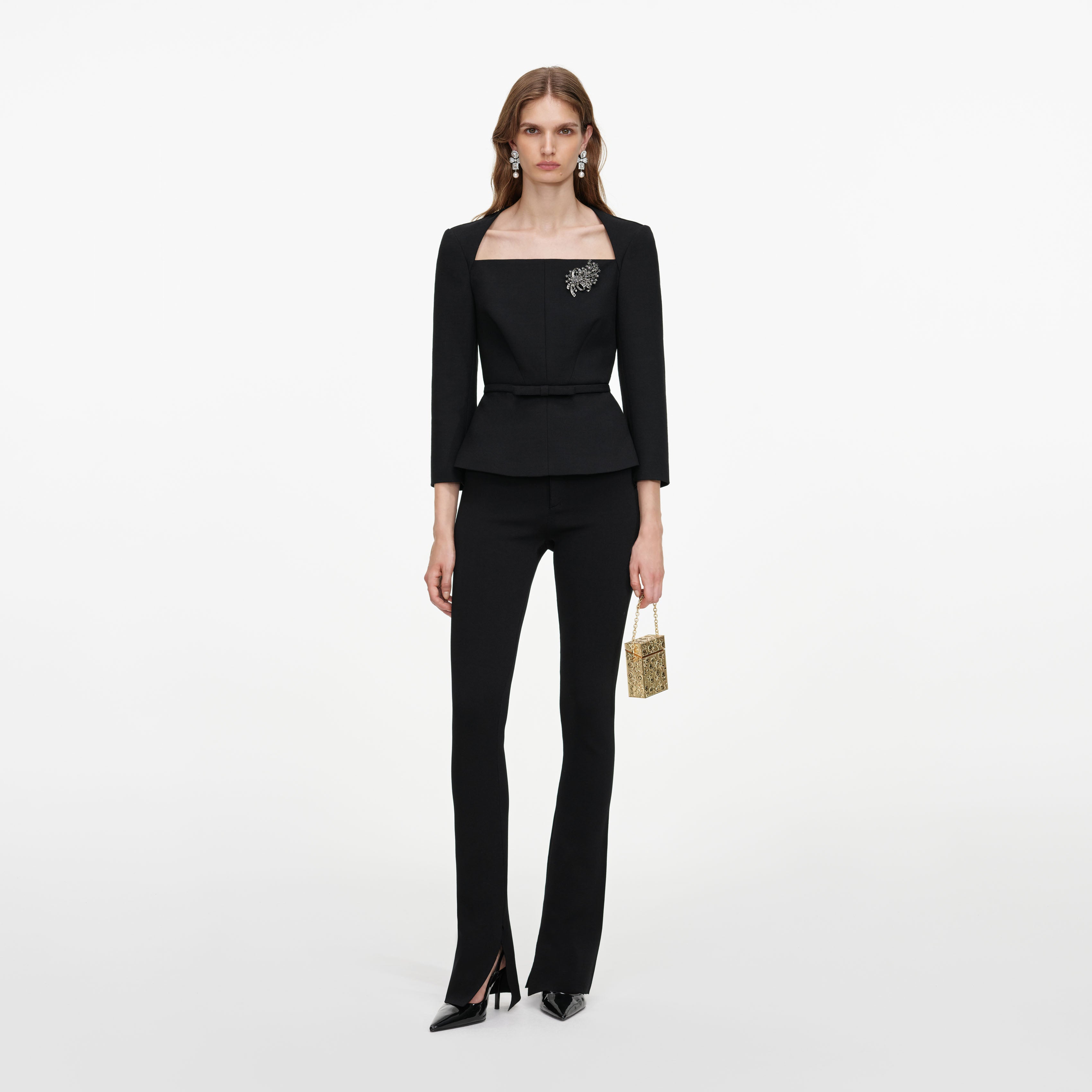 Self Portrait Black Tailored Brooch Top schwarz Wolle Brosche