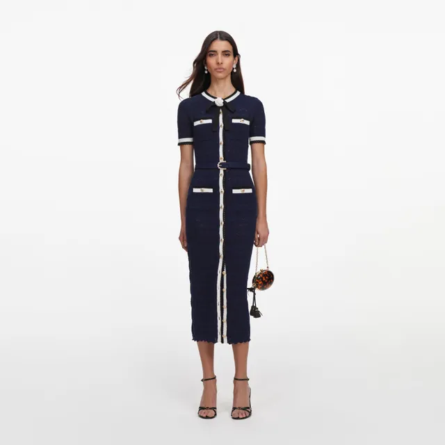 Self Portrait Navy Pointelle Knit Midi Kleid mit Schleife