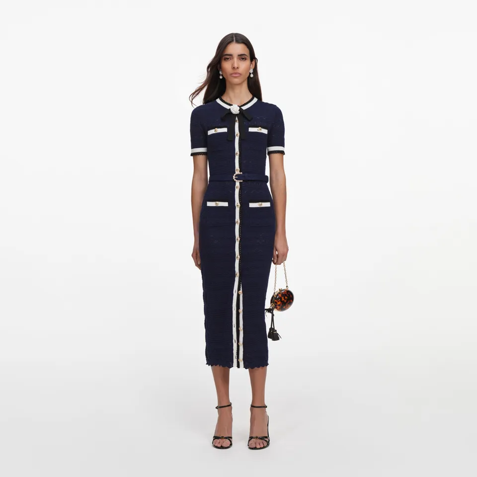 Self Portrait Navy Pointelle Knit Midi Kleid mit Schleife