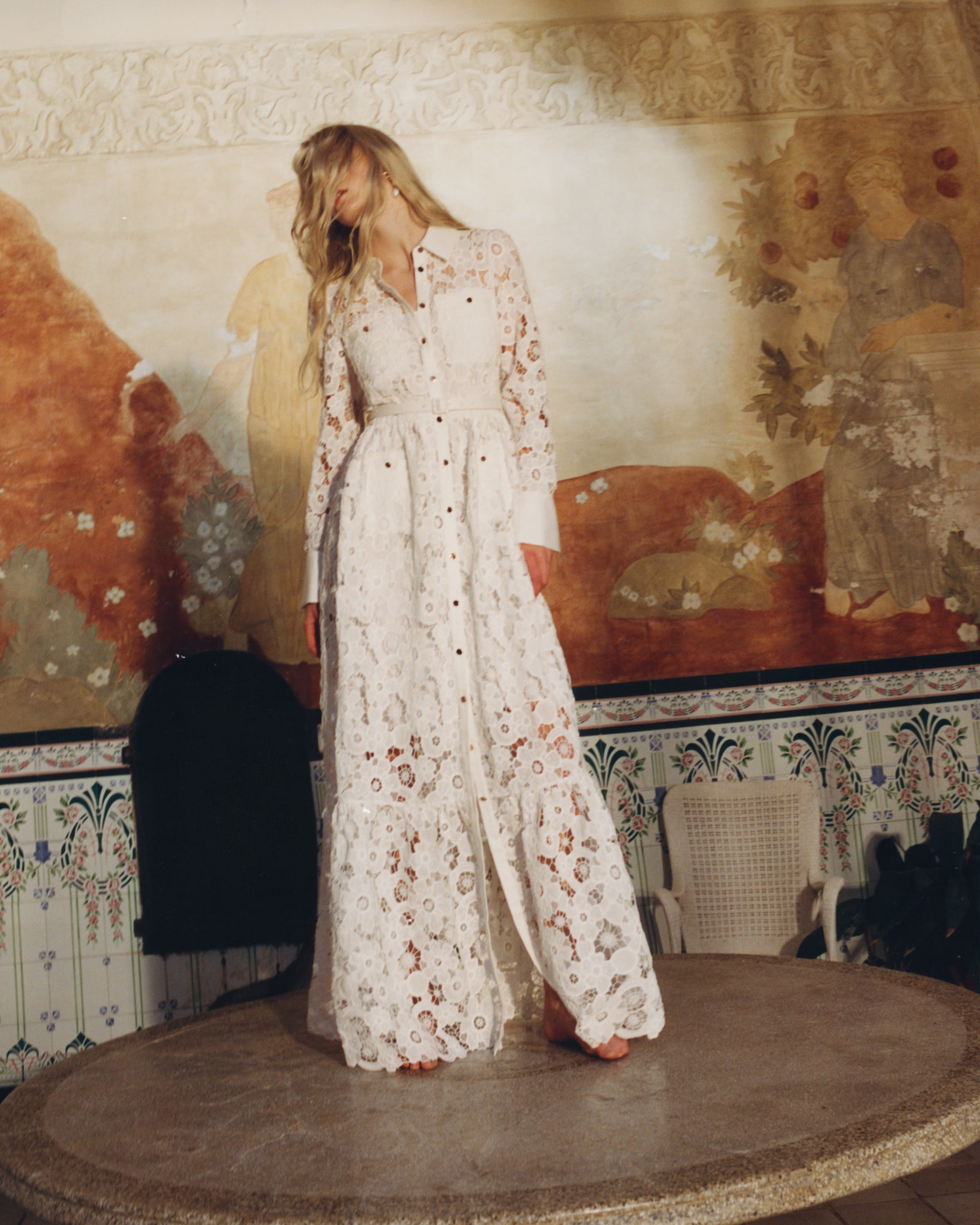 Self Portrait Lace Collared Maxi Kleid Weiß Spitze