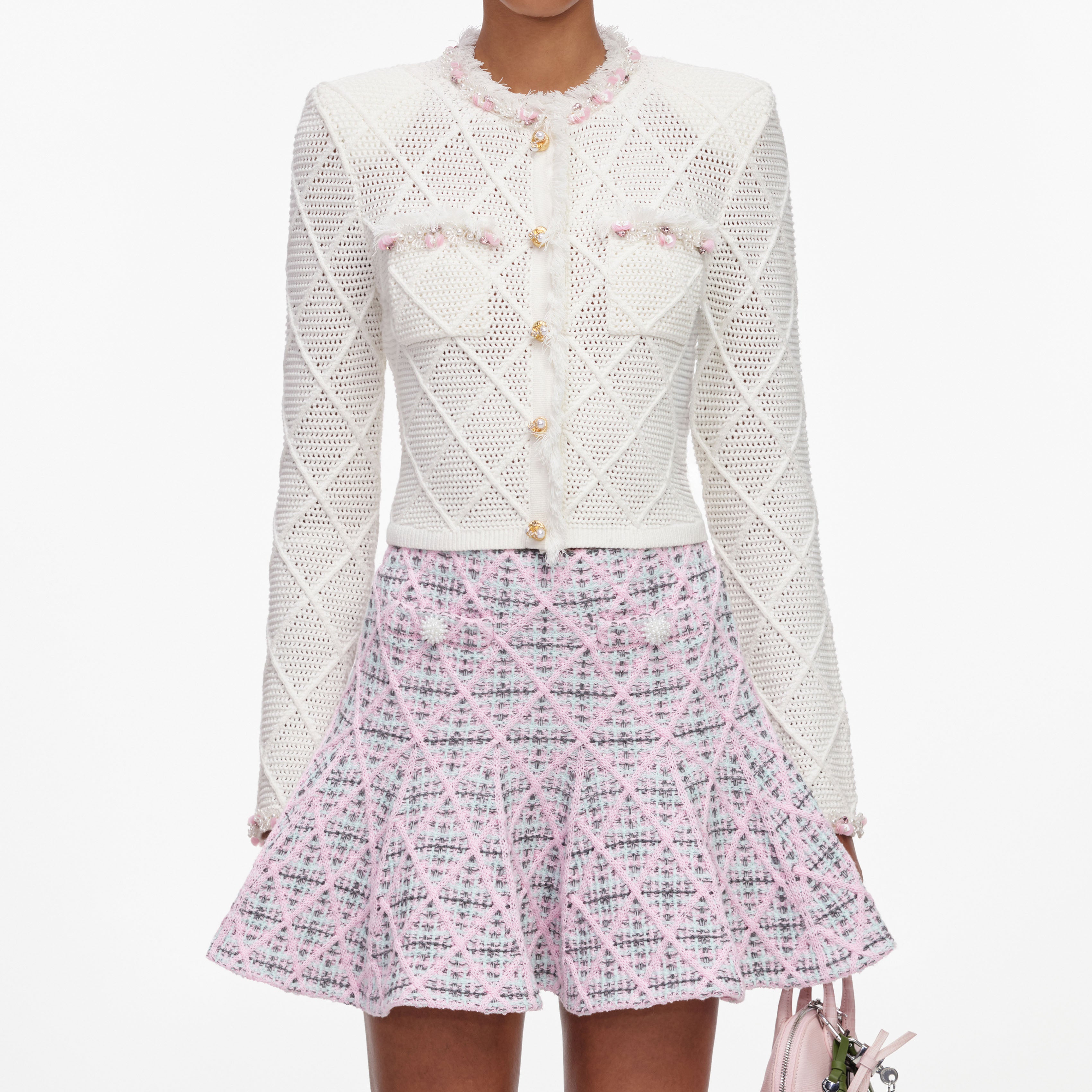 Self-Portrait Check Knit Minirock Rosa Karo Boucle