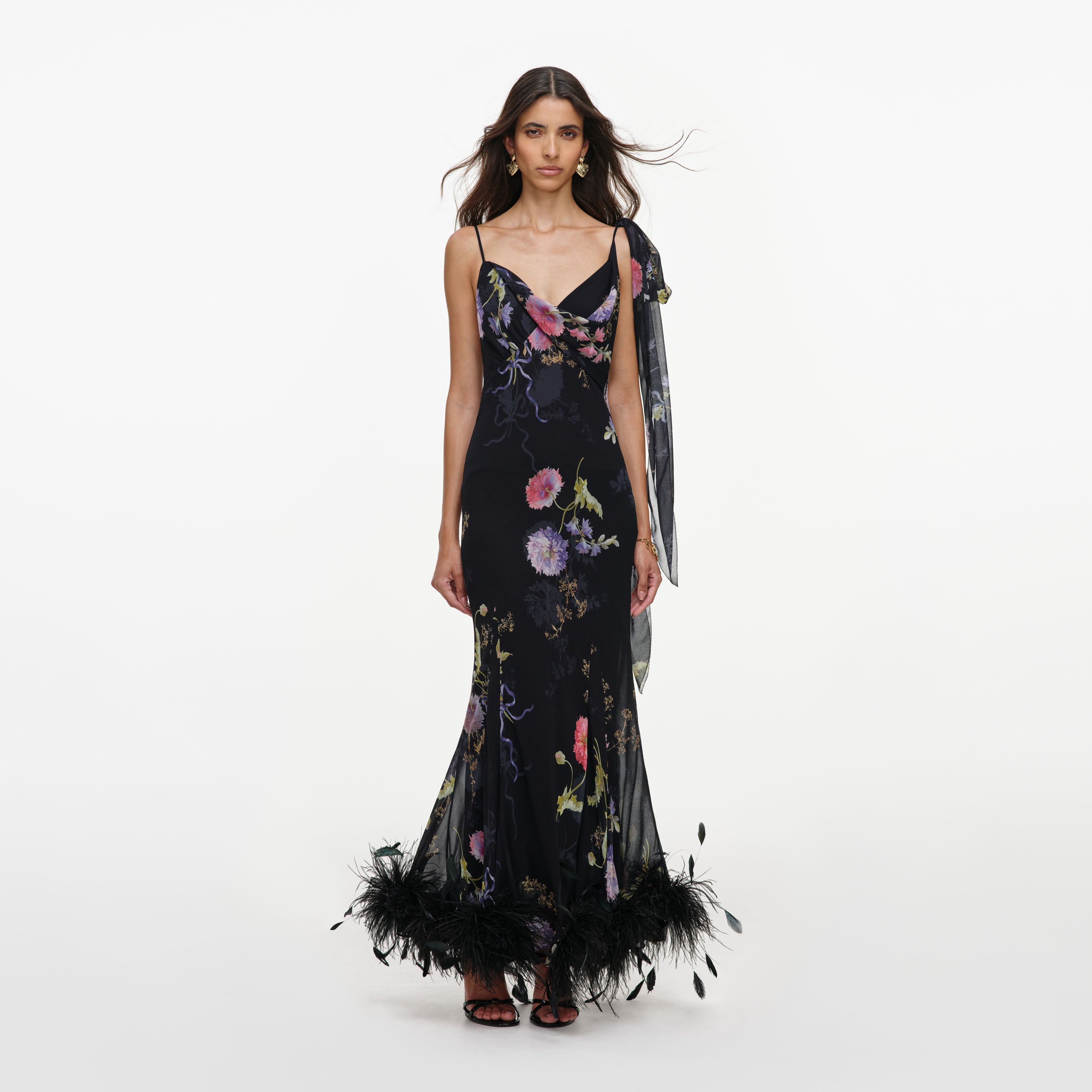 Self Portrait Dresses Black Floral Georgette Feather Maxikleid Schwarz