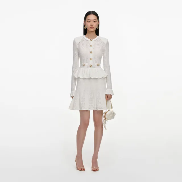 Self Portrait White Pointelle Peplum Strick-Minikleid