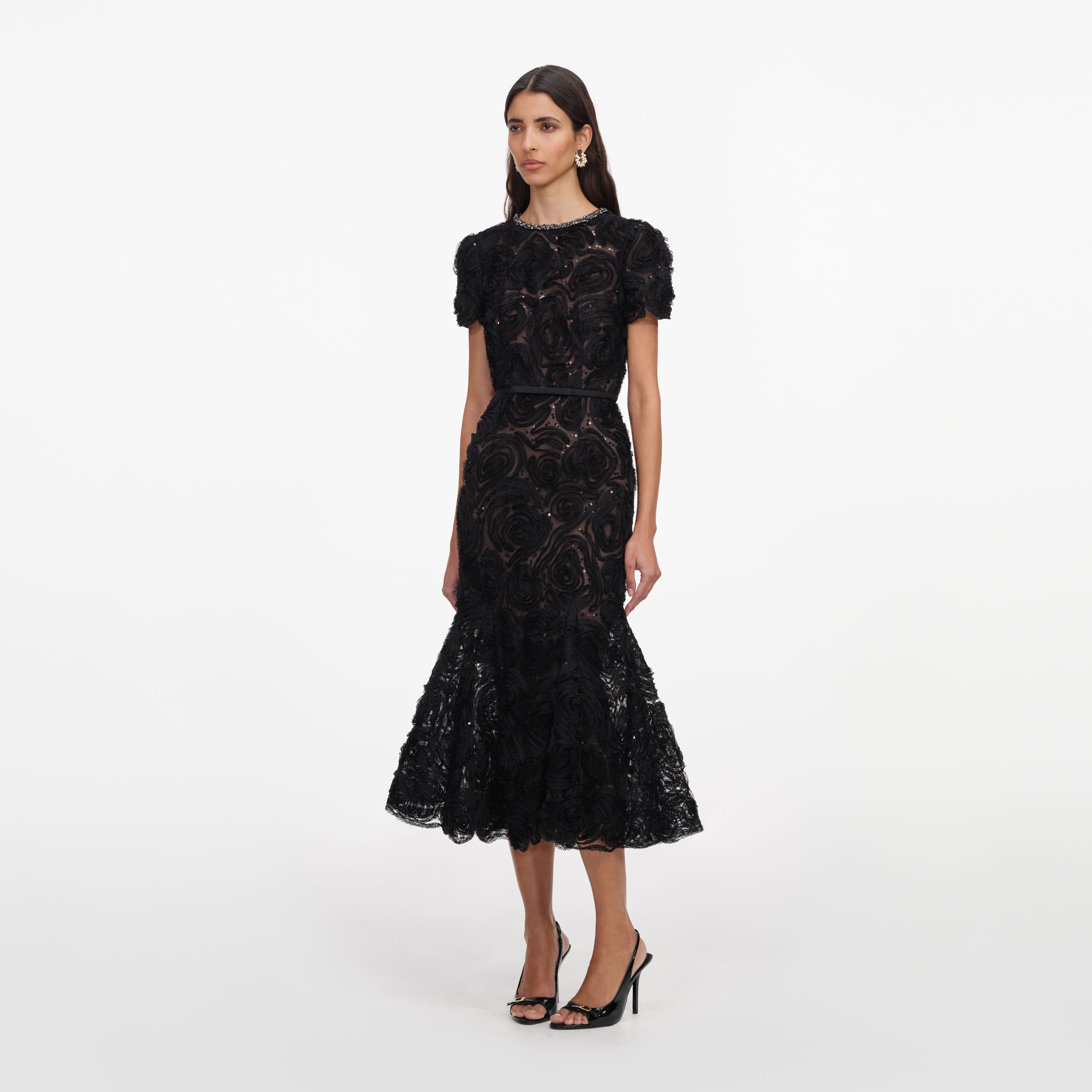 Self Portrait Kleid Schwarz Tüll Spitze Midi Pailletten