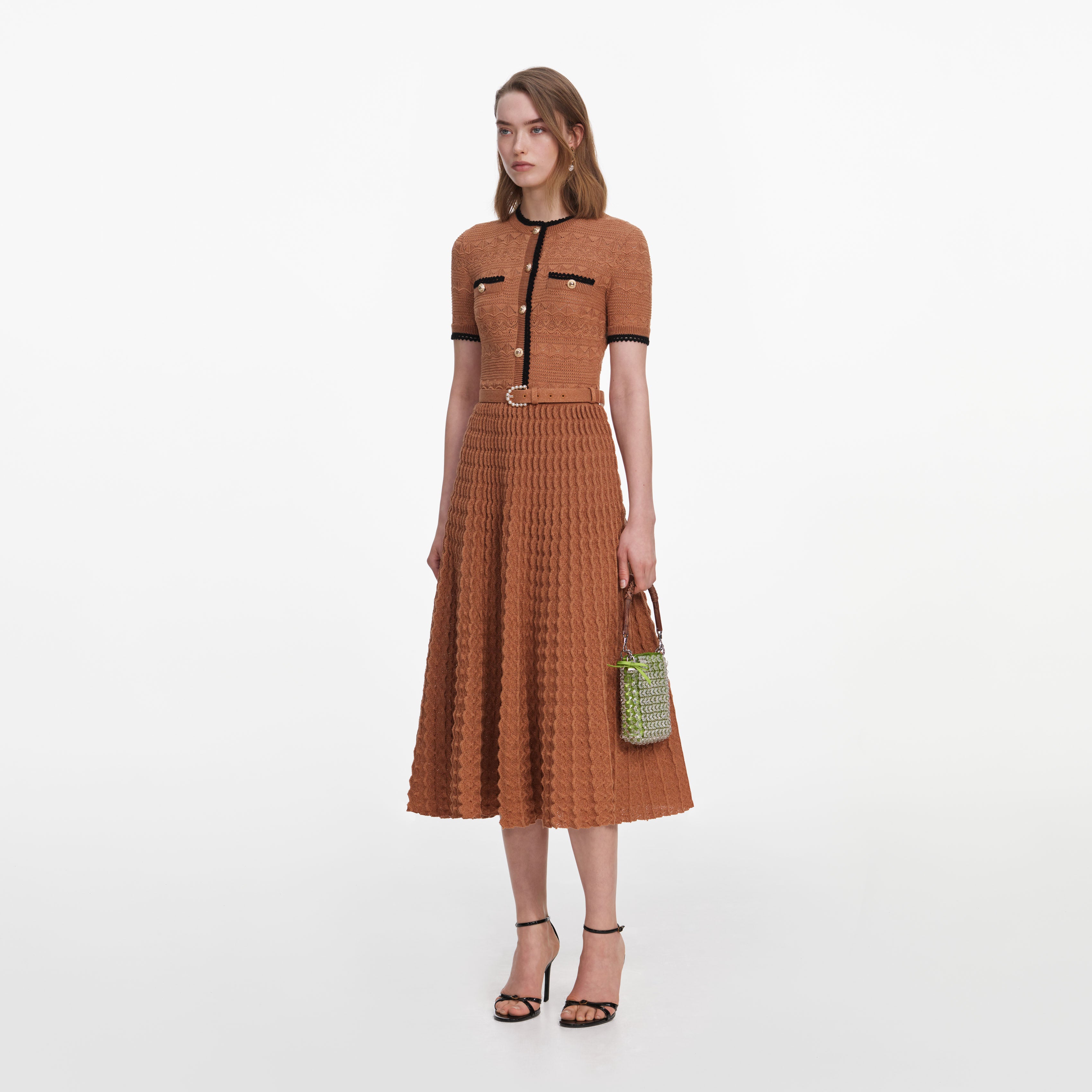 Self Portrait Pointelle Midi Kleid braun Strick Gürtel
