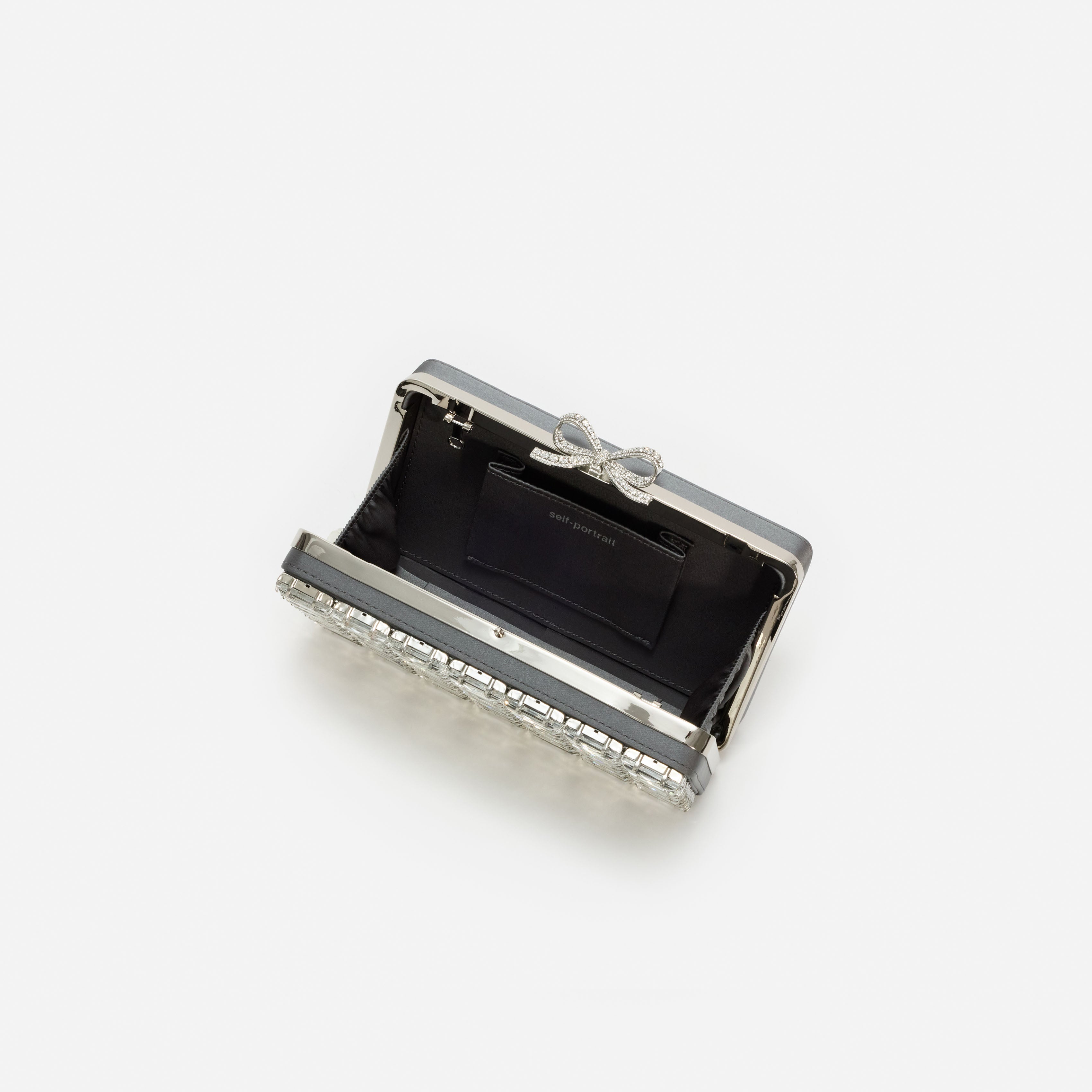 Self-Portrait Grey Satin Crystal Clutch Grau Mini Strass