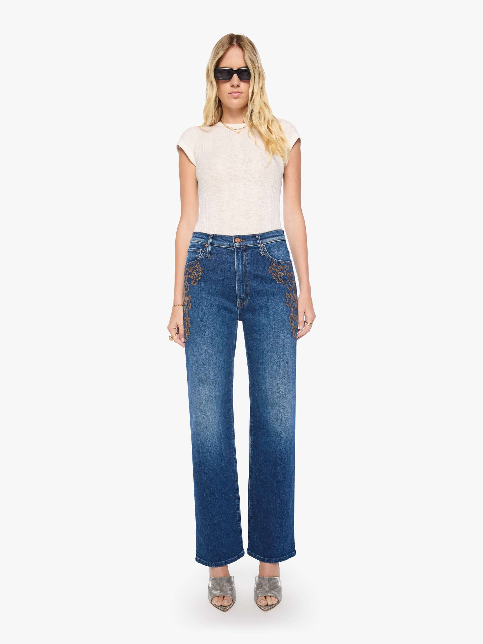 Mother Denim The Dodger Sneak Jeans Blau Mid-Rise Stretch Stickerei
