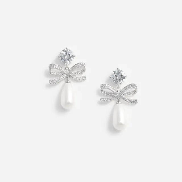 Self Portrait Crystal Bow Pearl Tiered Ohrringe Silber Perle